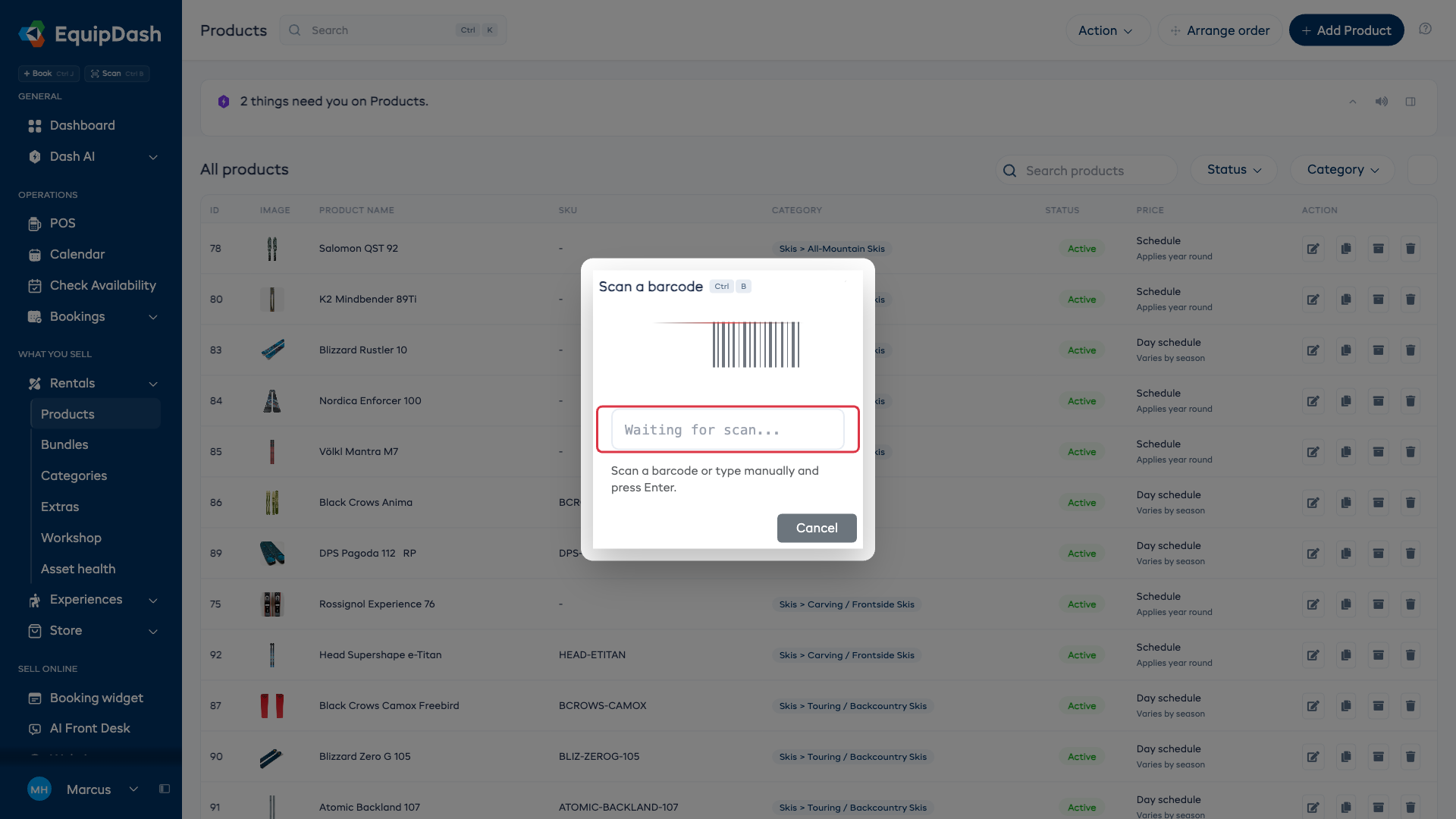 The Scan a barcode modal with the scan input field.