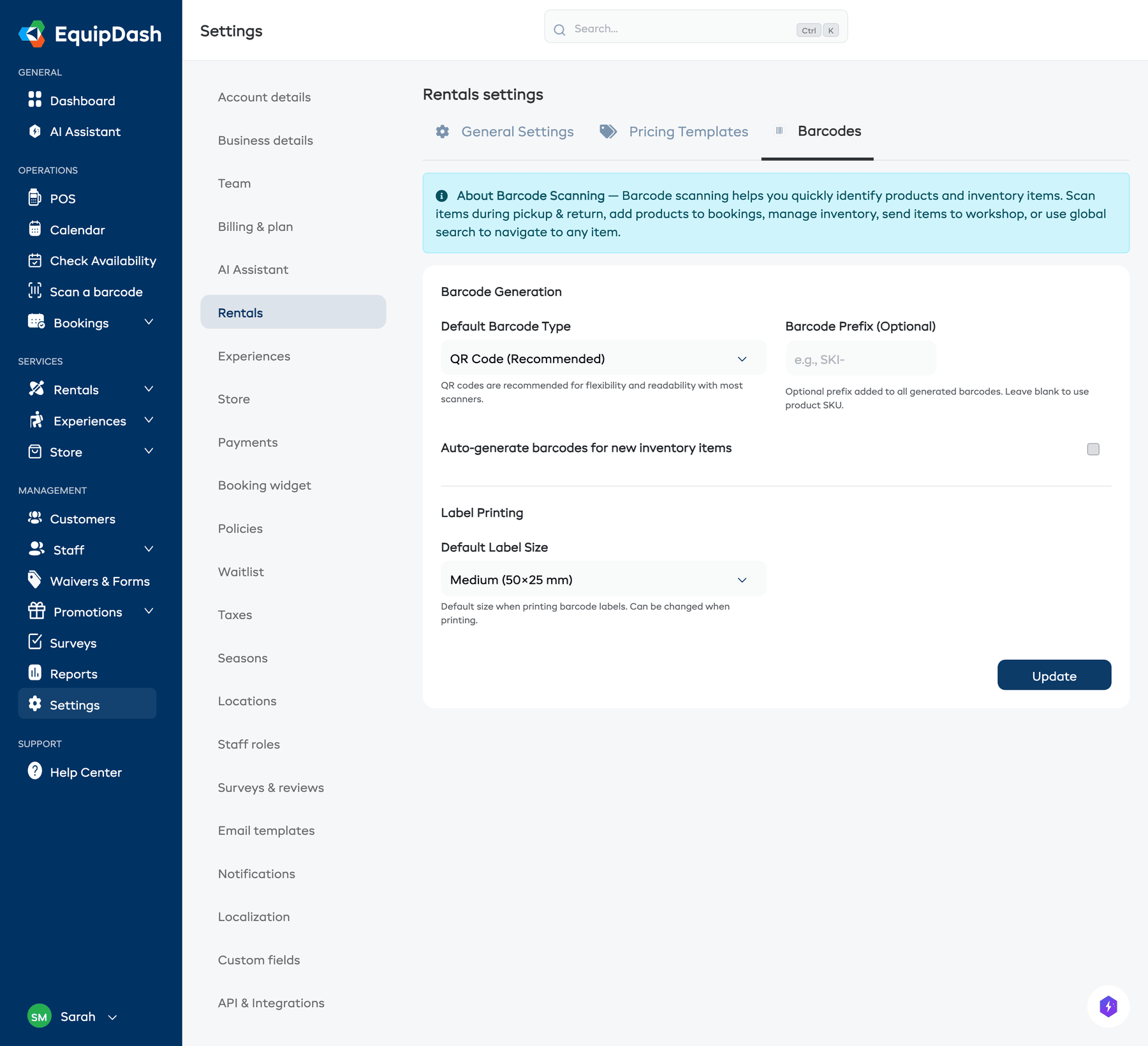 The Barcodes tab in Rentals Settings showing barcode generation options, auto-generate toggle, and default label size.