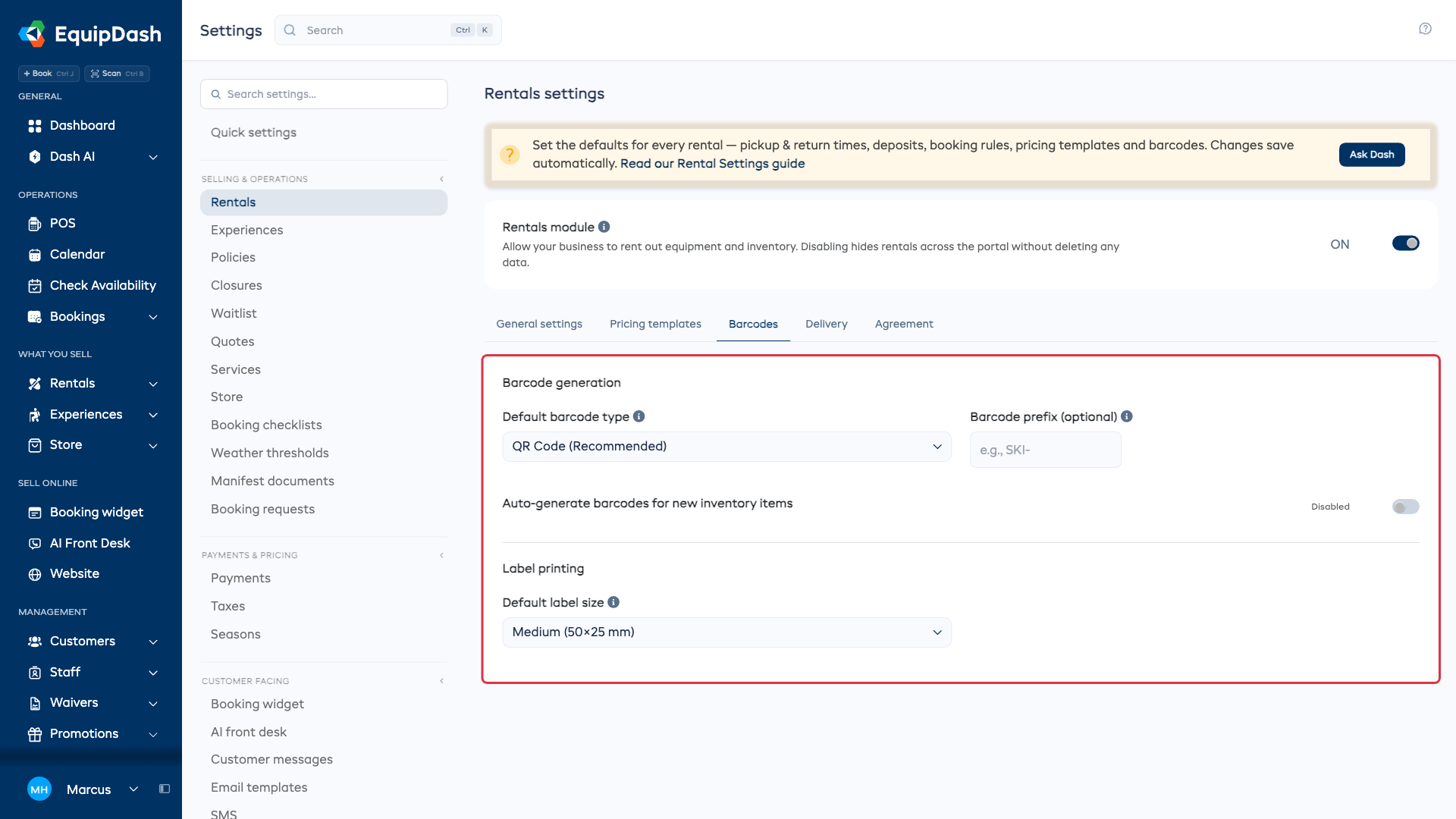 Barcode defaults in Rentals settings.
