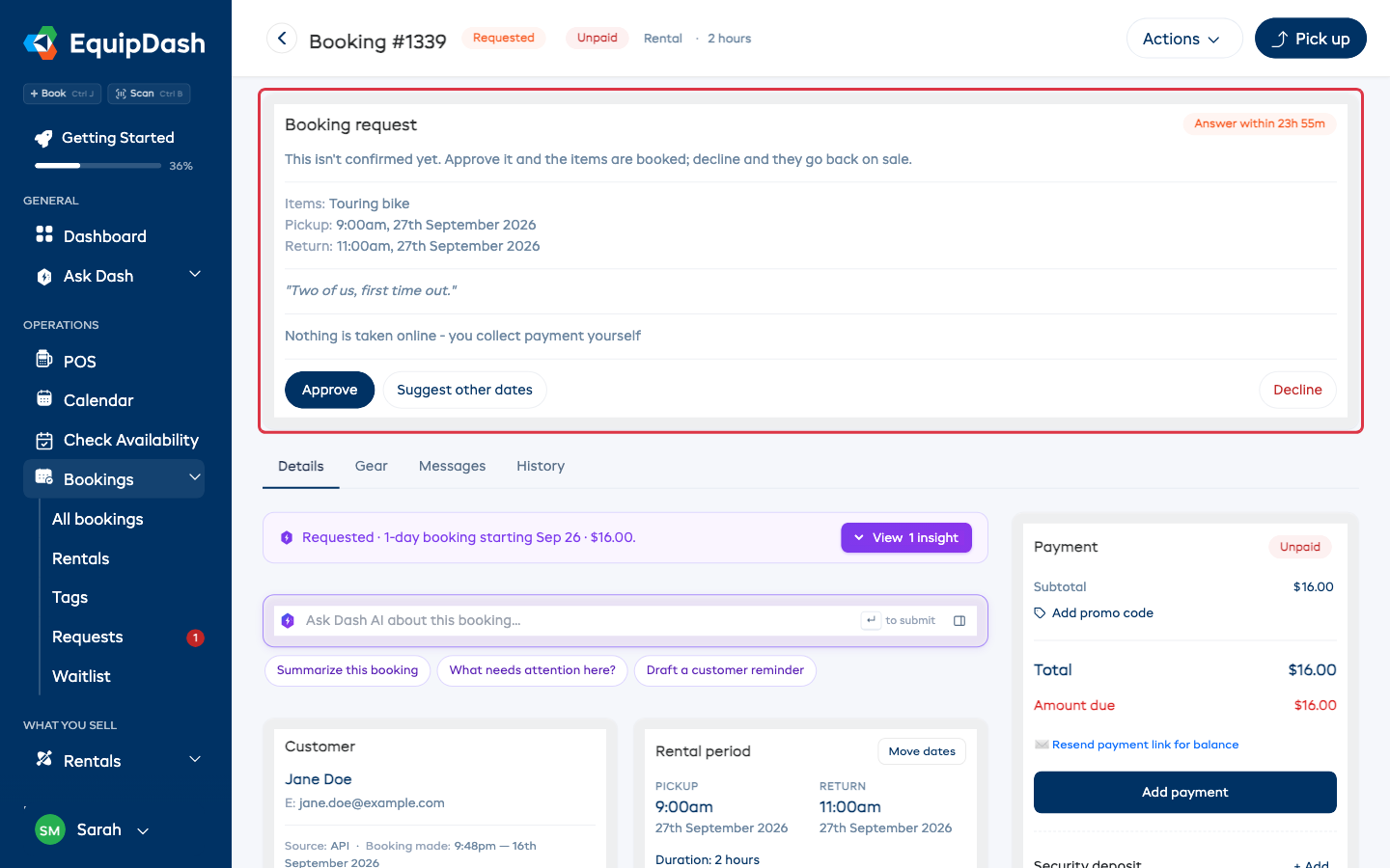 The booking request card on a rental booking