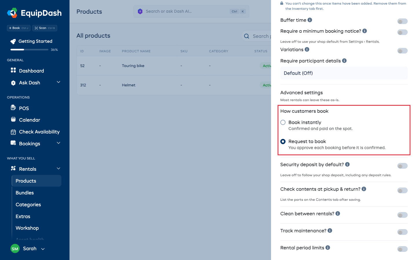How customers book, under Advanced settings on a rental item