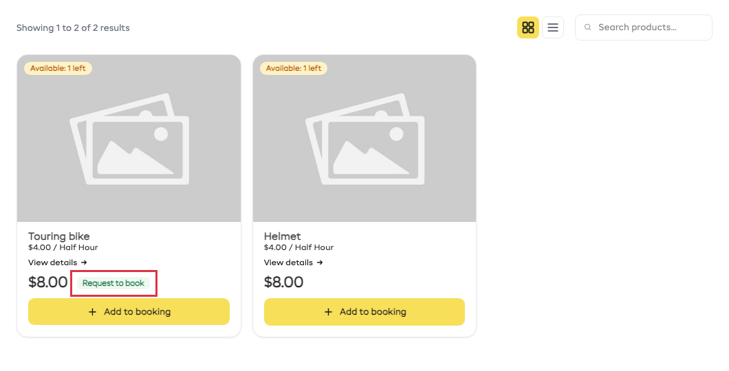 A rental item on the booking page with the Request to book tag