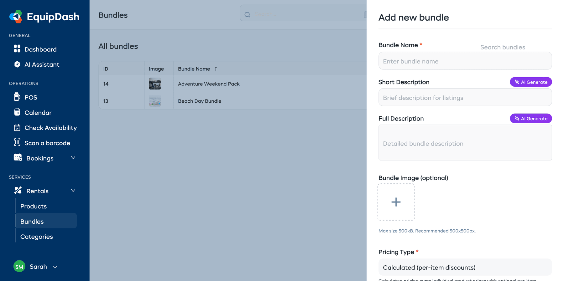 The Add new bundle panel with name, descriptions, image, and pricing type fields.