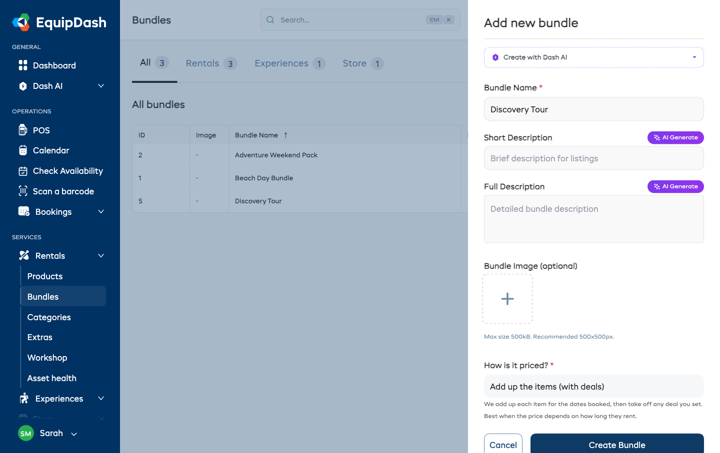 The Add new bundle panel with the name, descriptions, image, and "How is it priced?" fields.