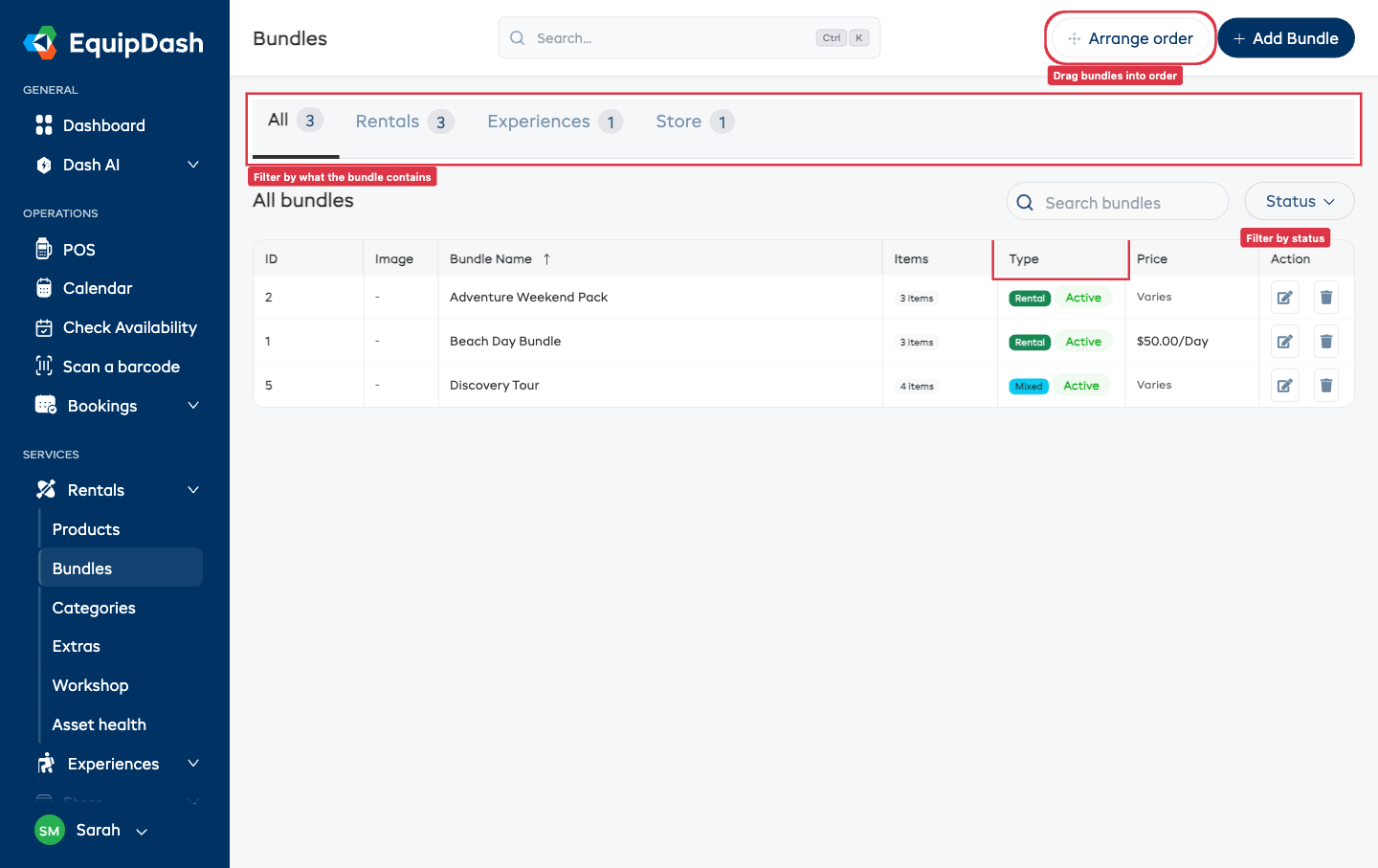 The Bundles listing page with type tabs, a status filter, and the Arrange order button.