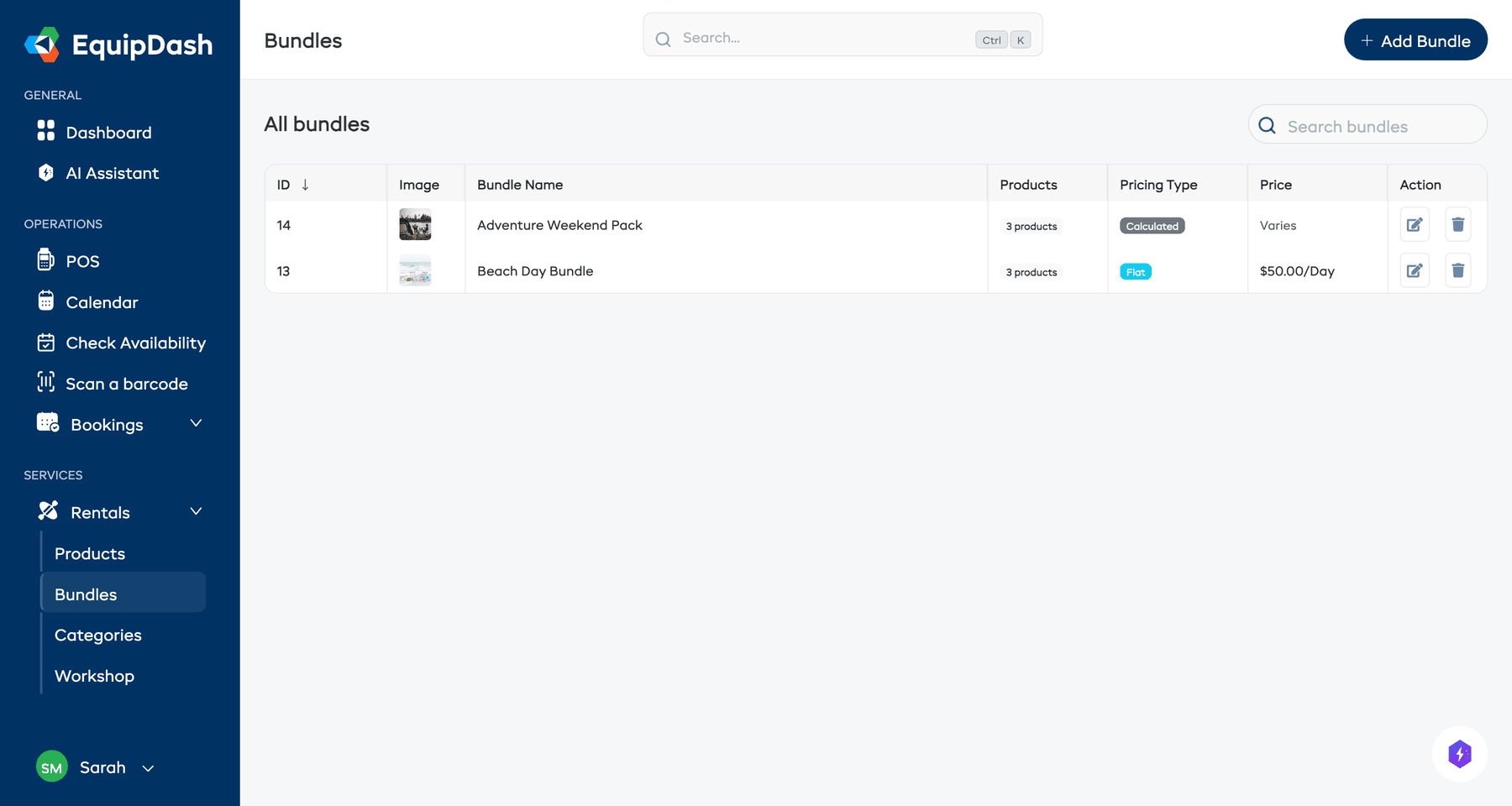 The Bundles listing page showing existing bundles with pricing type and actions.