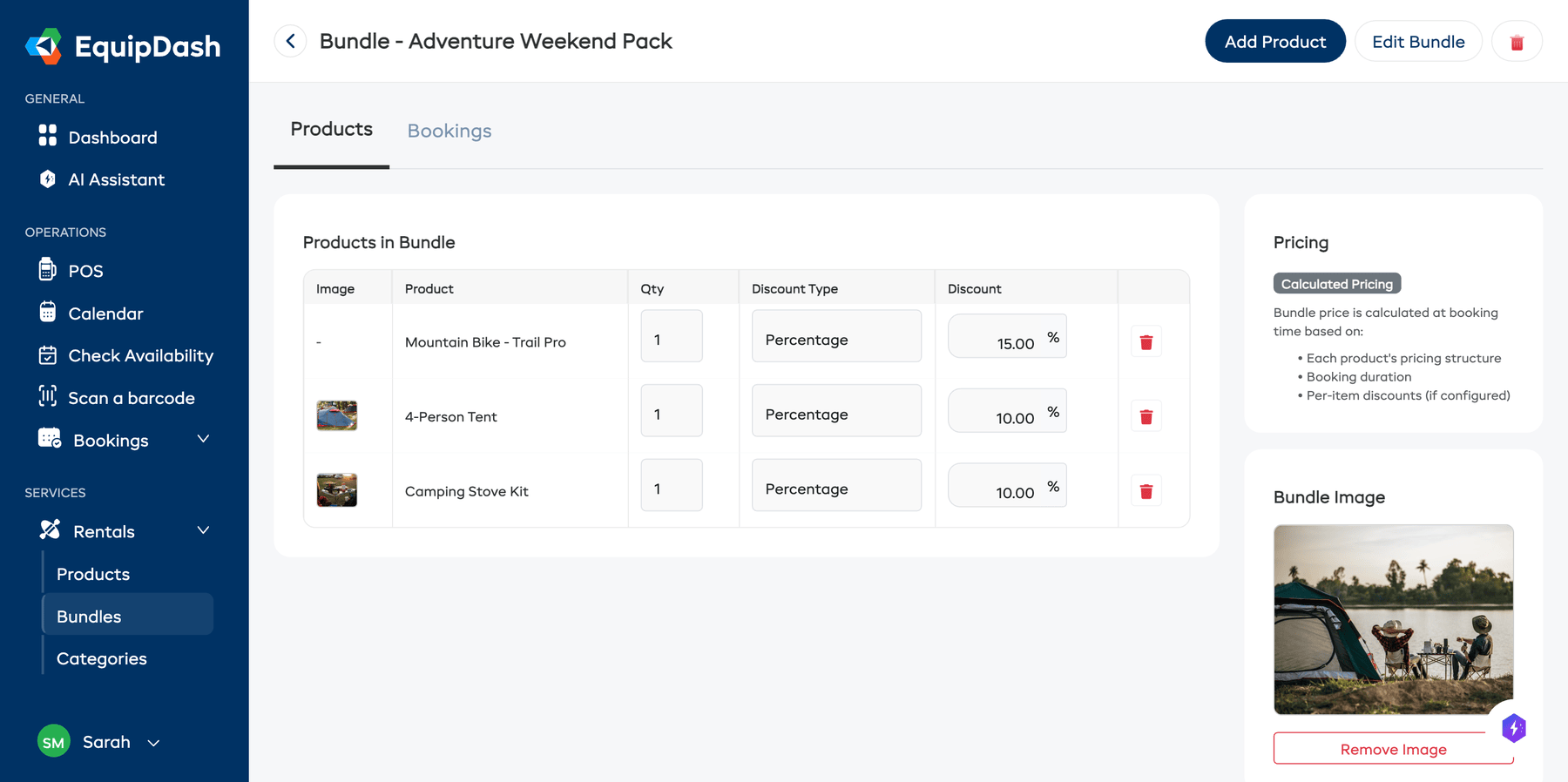 The bundle detail page showing products with quantities, discount types, and per-item discounts.