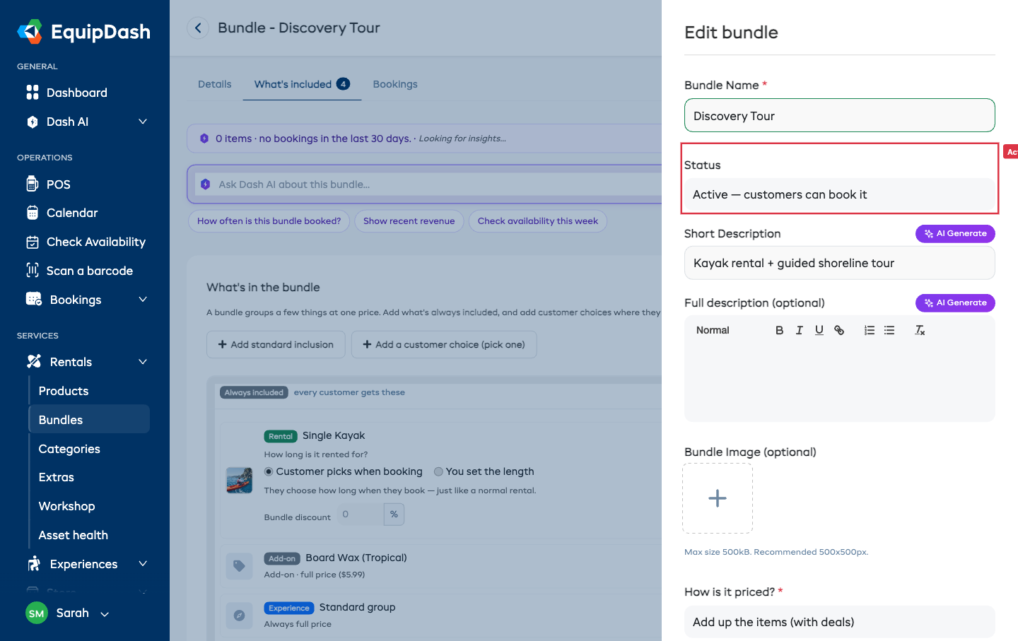 Setting a bundle's status to Active or Disabled in the Edit Bundle panel.