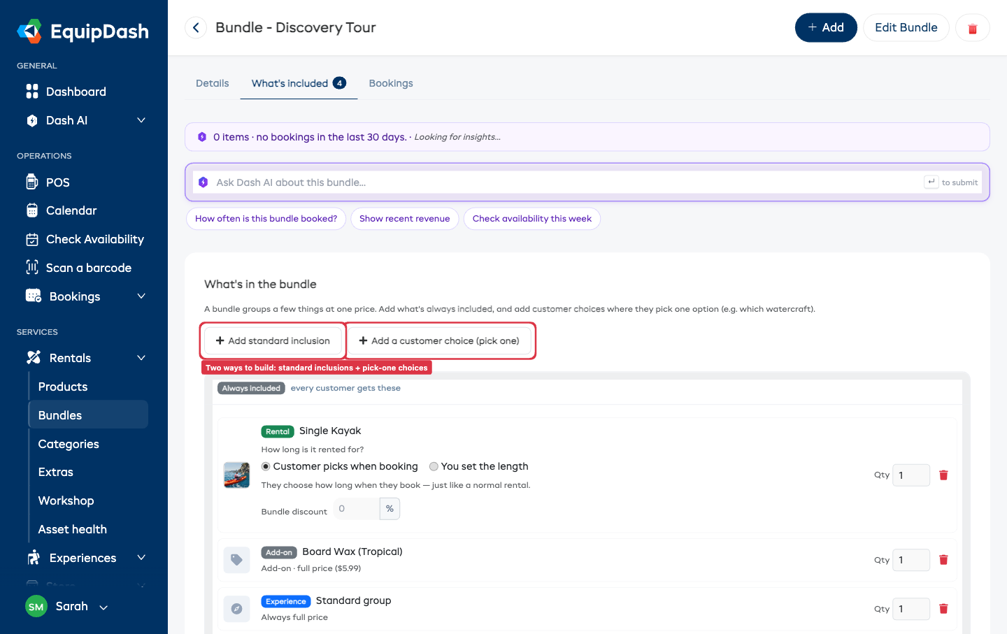 The "What's included" builder with the Add standard inclusion and Add a customer choice buttons.