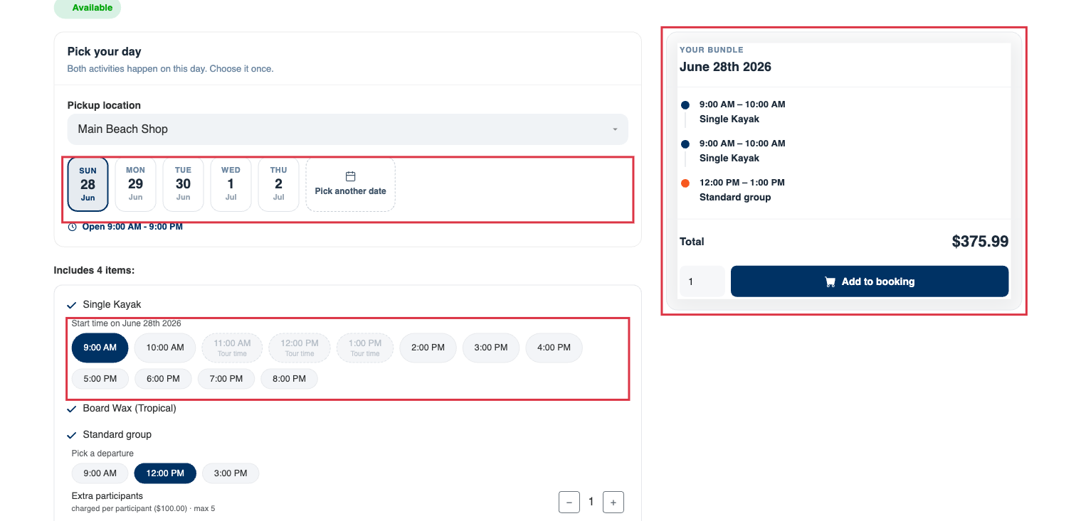 The customer view of a mixed bundle on the booking widget — a "Pick your day" card with day buttons at the top, the rental's inline "Start time on …" buttons with the times that clash with the experience greyed out as "Overlaps", and a live "Your bundle" summary on the right showing the total and Add to booking.