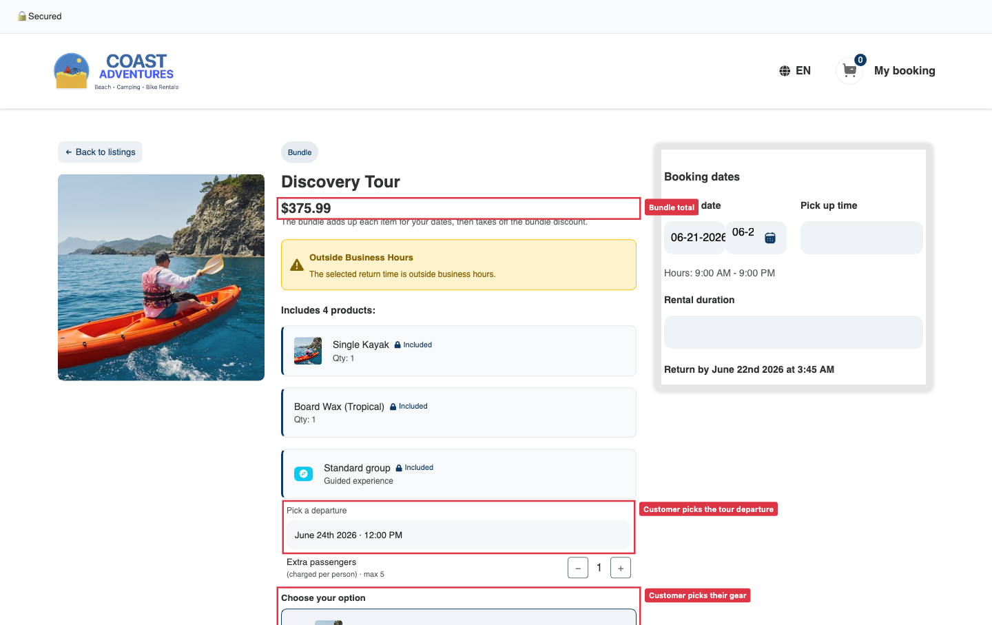 The customer view of a mixed bundle on the booking widget — picking a watercraft, choosing a departure time, the rental duration, and the bundle total with savings.