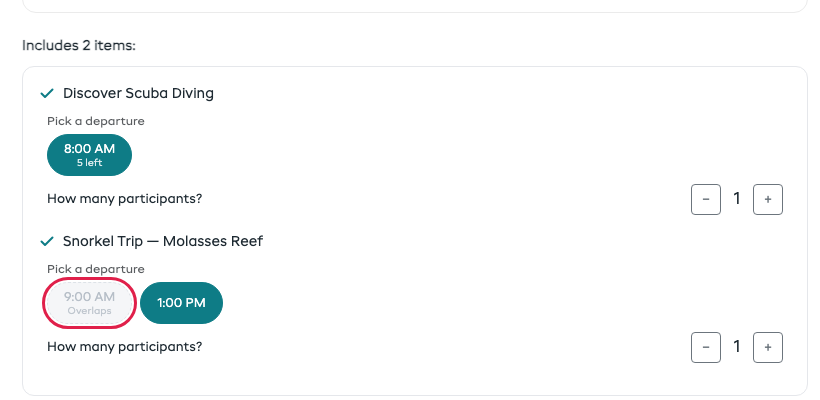 Two experiences in one bundle on the booking widget - the first experience is picked at 8:00 AM, and under the second one the 9:00 AM departure is greyed out and labelled "Overlaps" while 1:00 PM is selected.