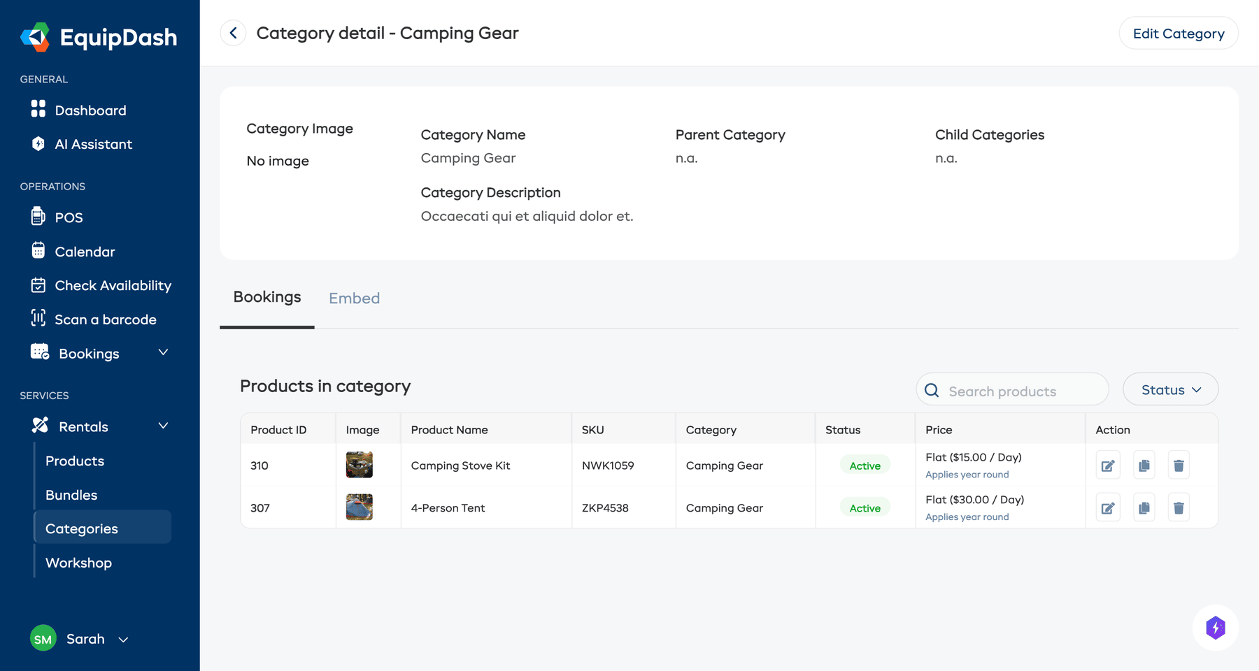 The Category Detail page showing category information and a table of products in the category.