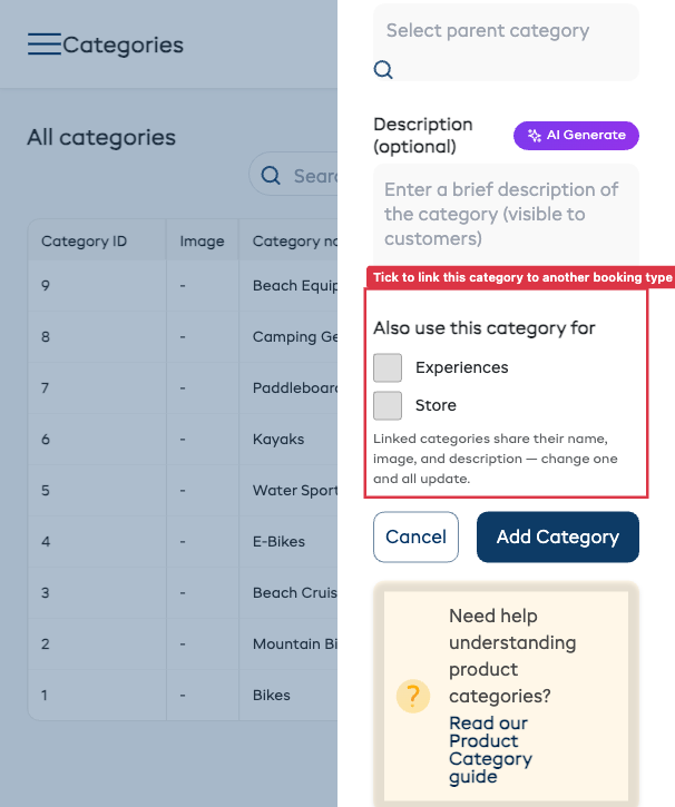 The Add category panel scrolled to the "Also use this category for" row, showing checkboxes for Experiences and Store.