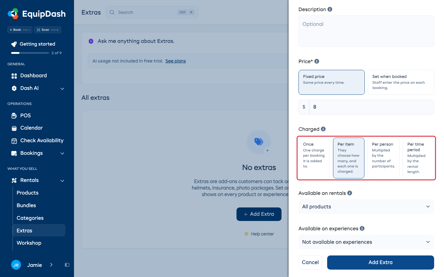 The Charged choices on the Add extra form: Once, Per item, Per person and Per time period, with Per item picked