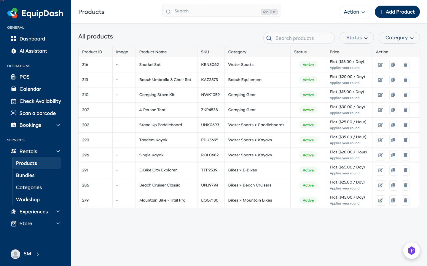 The left sidebar with the Rentals section expanded, showing Products, Categories, Bundles, and Workshop.