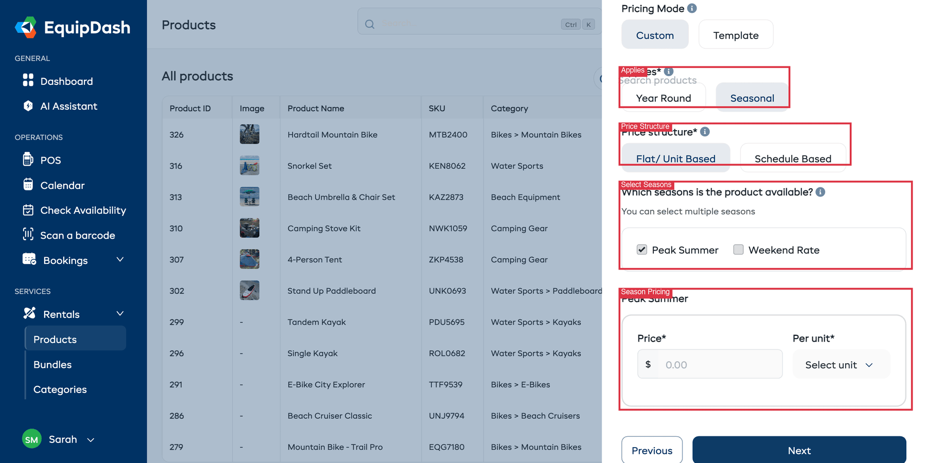 The Product Pricing step showing Seasonal selected, with seasons to choose from and per-season pricing fields.