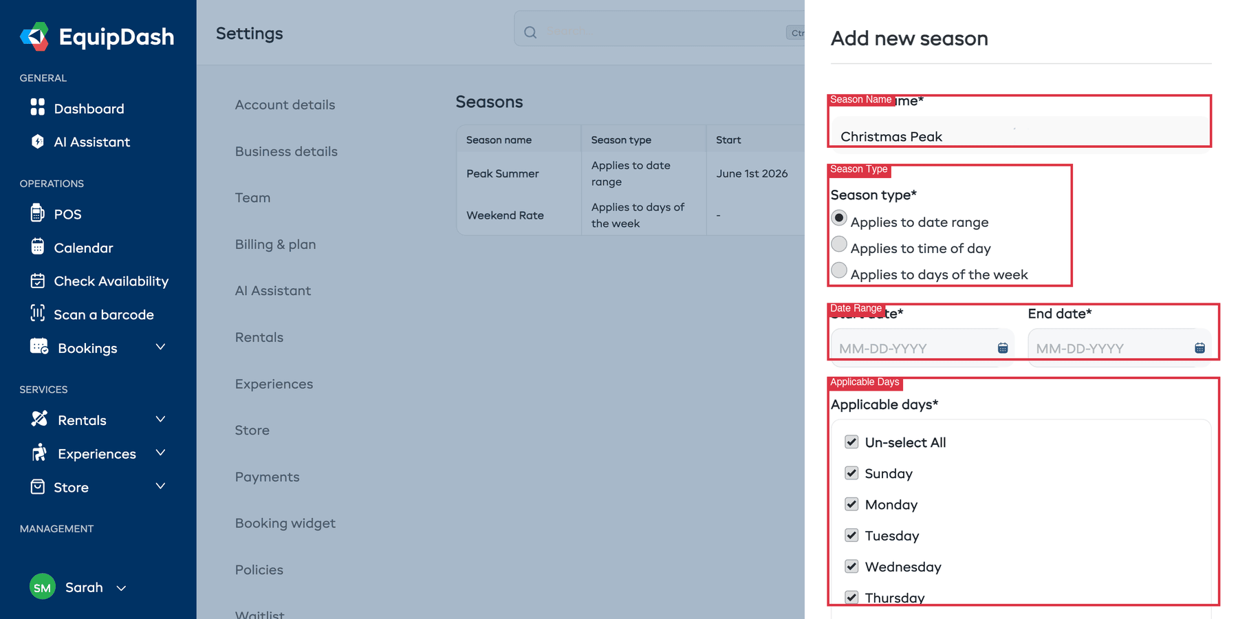 The Add new season panel showing season name, season type options, date range, and applicable days.