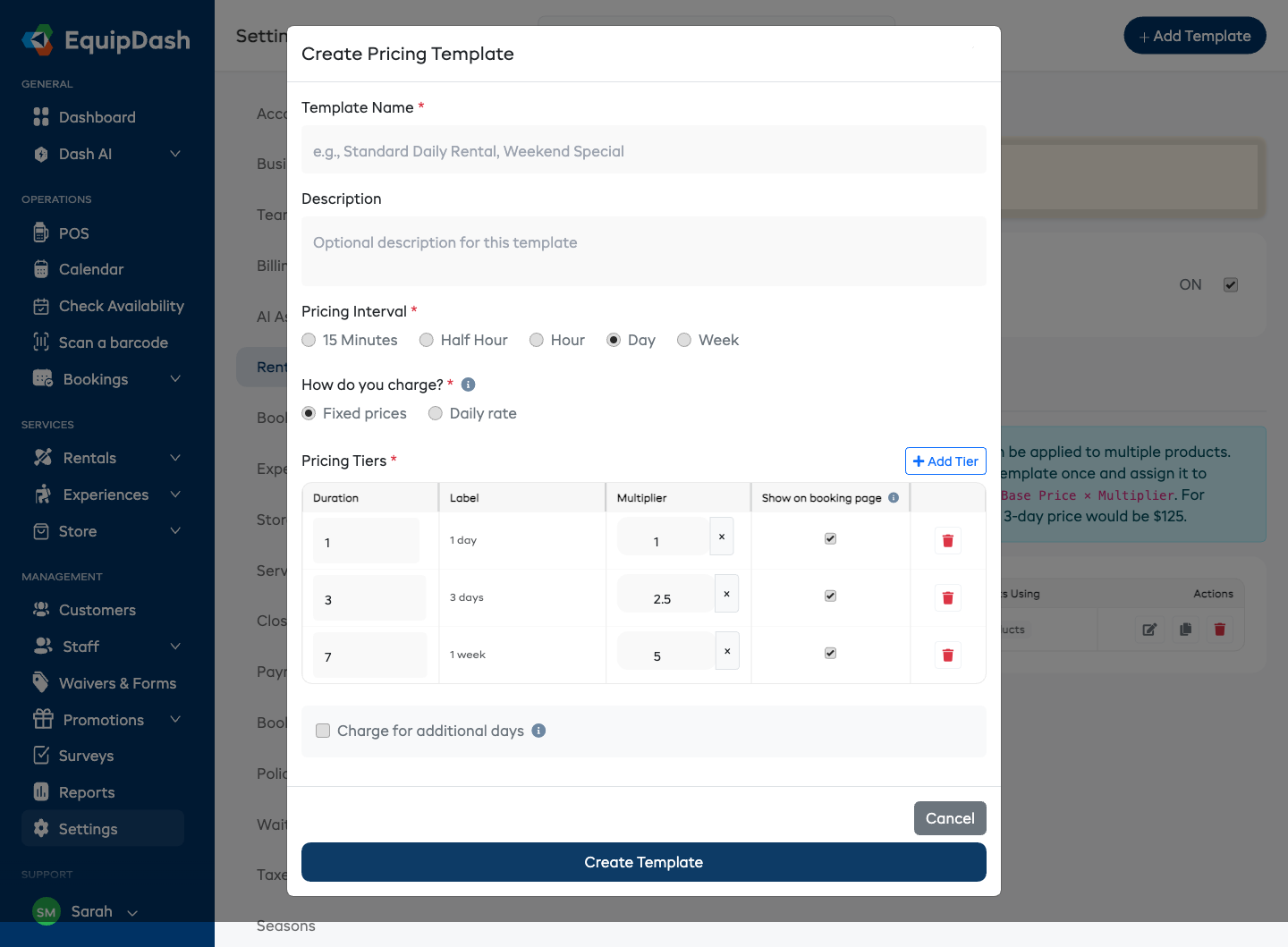 The Create Pricing Template modal with template name, description, pricing interval, and tier multiplier rows.