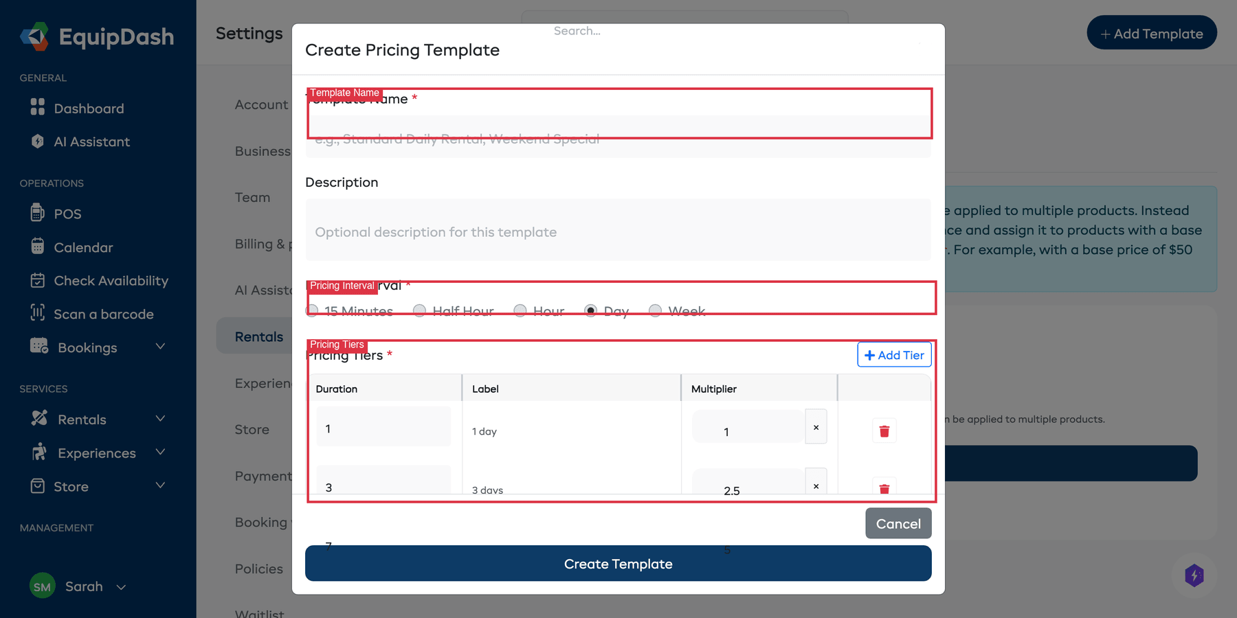 The Create Pricing Template modal with template name, description, pricing interval, and tier multiplier rows.