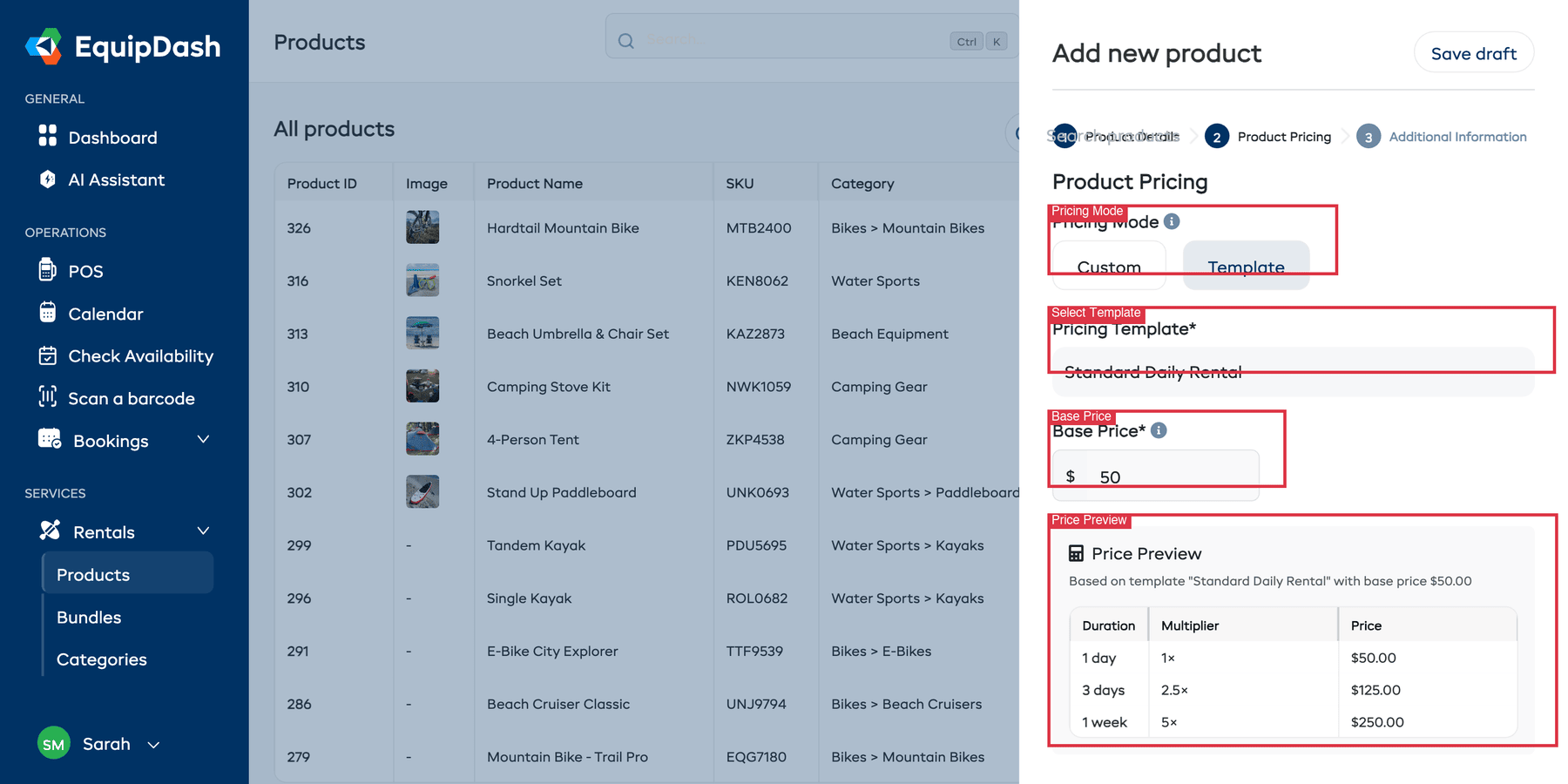 The Product Pricing step showing Template mode selected, with a pricing template, base price, and calculated price preview.