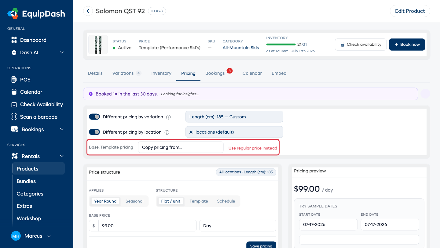 Editing a variation with its own price β the Base price reminder, the Copy pricing from dropdown, and the Use regular price instead link