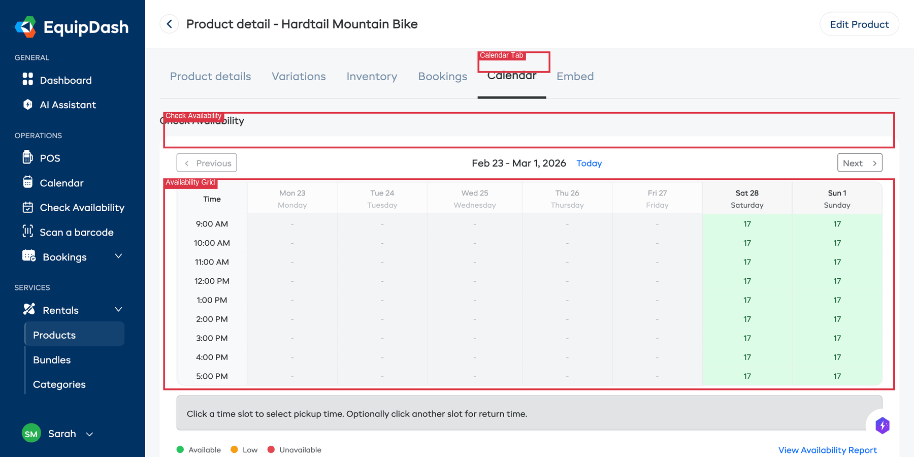 The product detail Calendar tab showing the Check Availability grid with week navigation and available time slots.