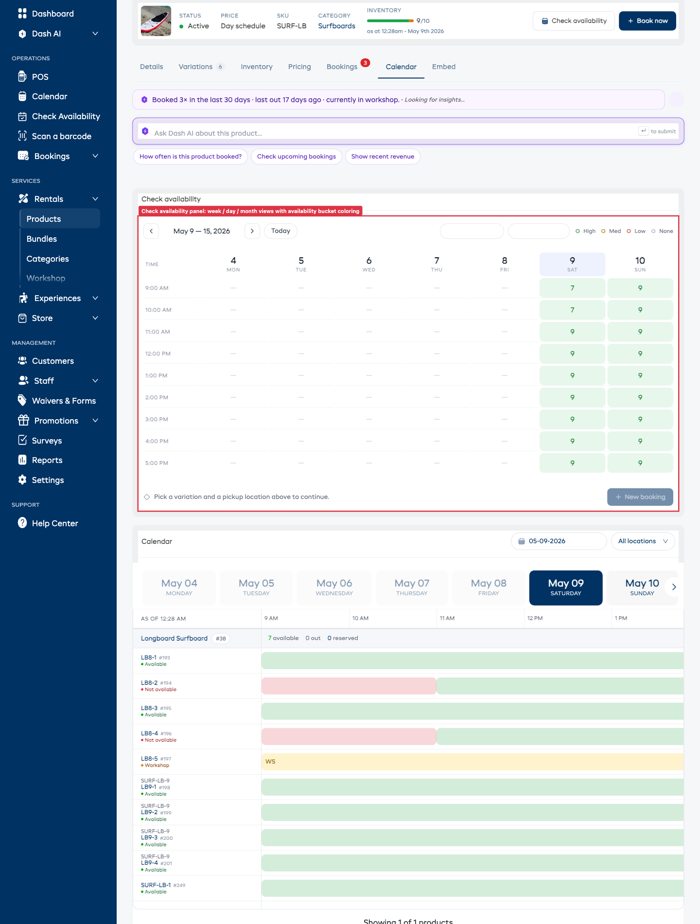 The Calendar tab on a product detail page showing the Check availability panel (week view with availability bucket coloring on each cell) and the Rentals calendar with per-unit timeline below.