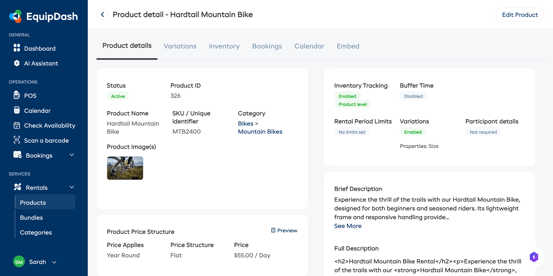 The product detail page showing the product overview after creation.