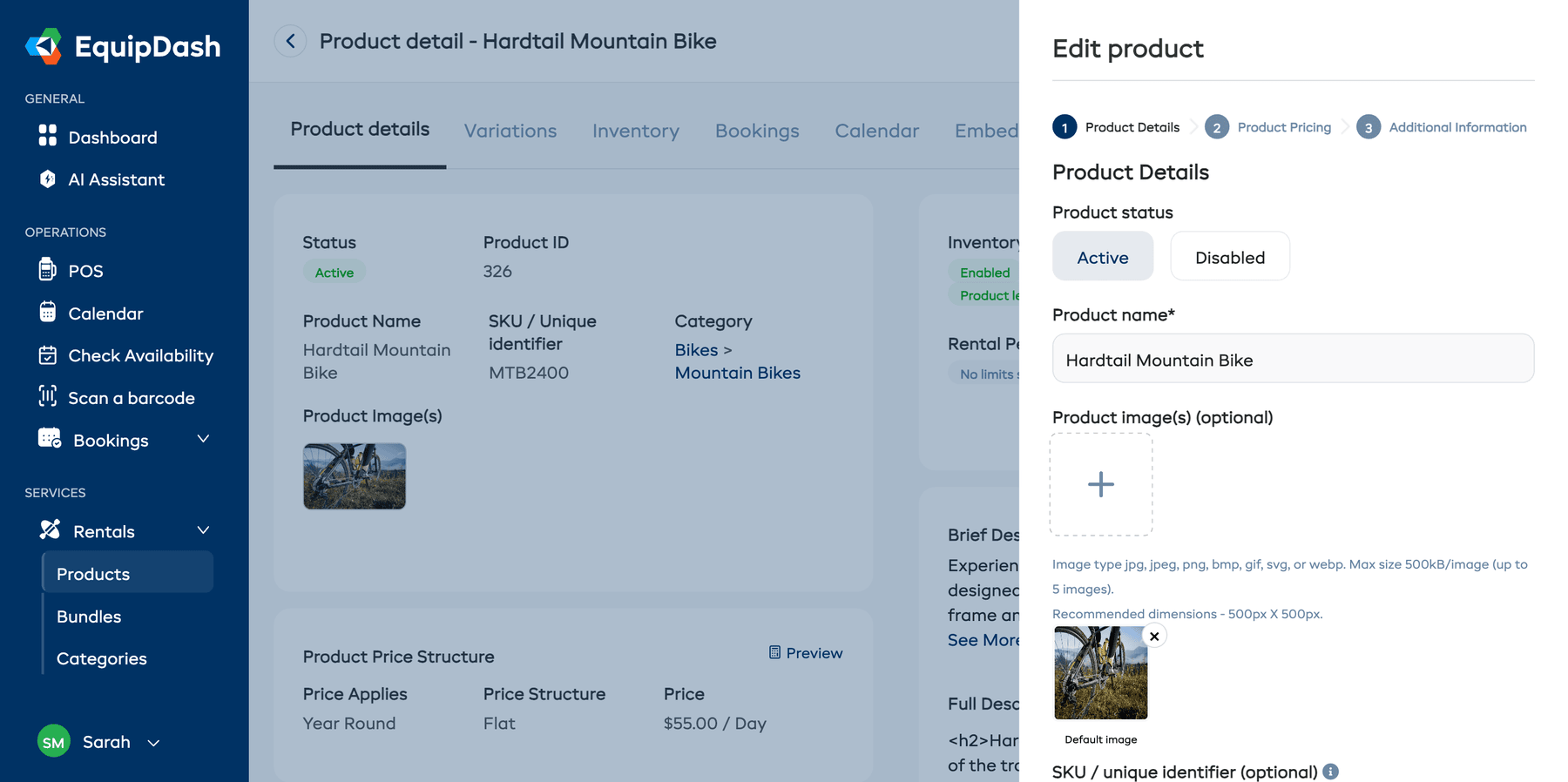 Step 1: Product Details showing name, image upload, SKU, and category fields.