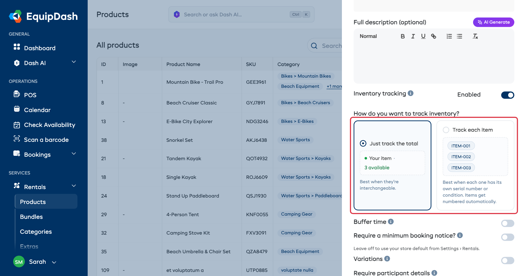 Step 3: Additional Information with Inventory tracking switched on, showing the two tracking cards highlighted below it.