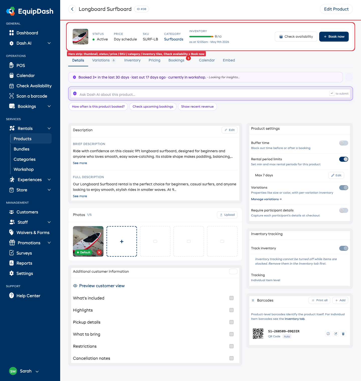 The product detail page after creation showing the page header, hero strip with status / price / SKU / category / inventory tiles, Check availability and Book now CTAs, and the seven-tab strip.
