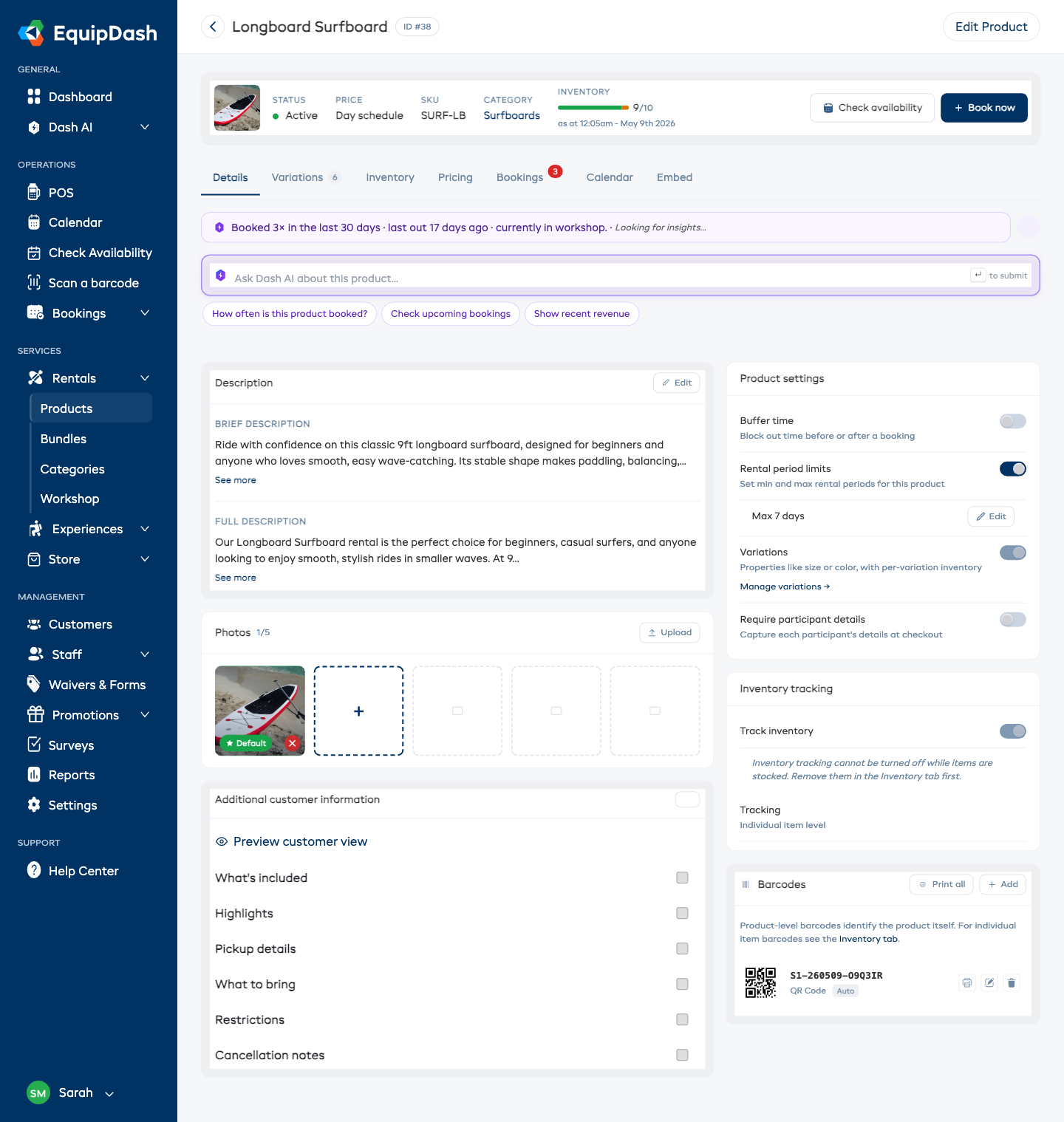 The Details tab on the product detail page with the Photos card highlighted, showing the 5-slot grid, the Behaviors card with toggles, and the Tracking card.