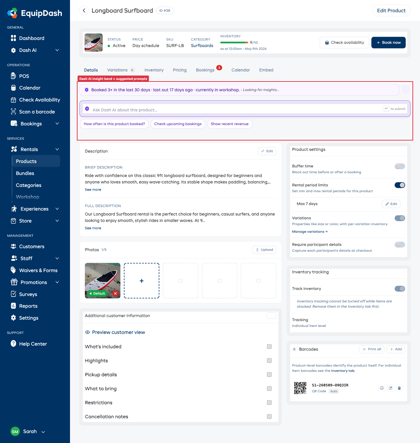 The Details tab with the Description card highlighted, showing the Brief and Full description fields with an inline Edit link.