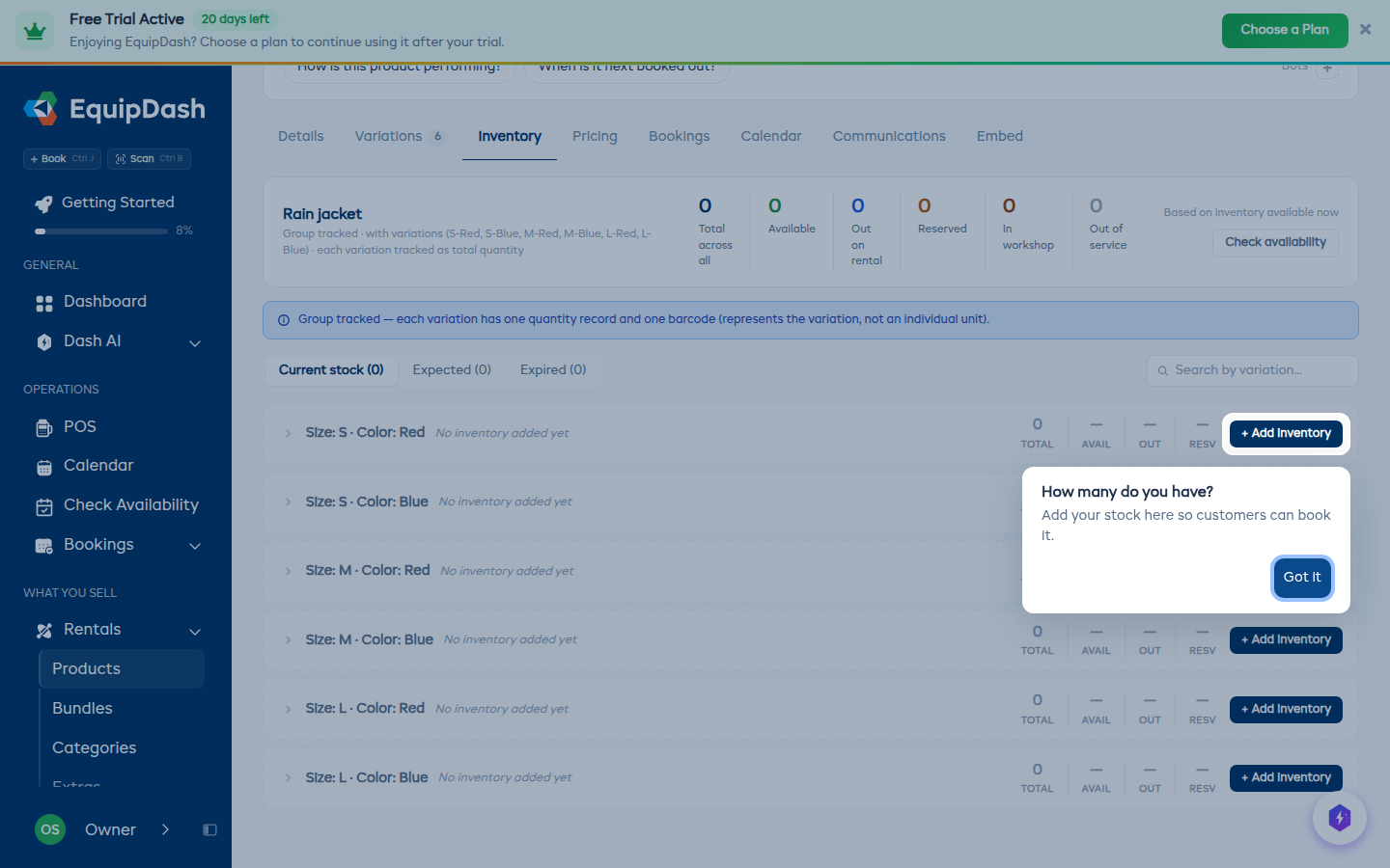 The Inventory tab of a new product with the "How many do you have?" pointer on the + Add inventory button.