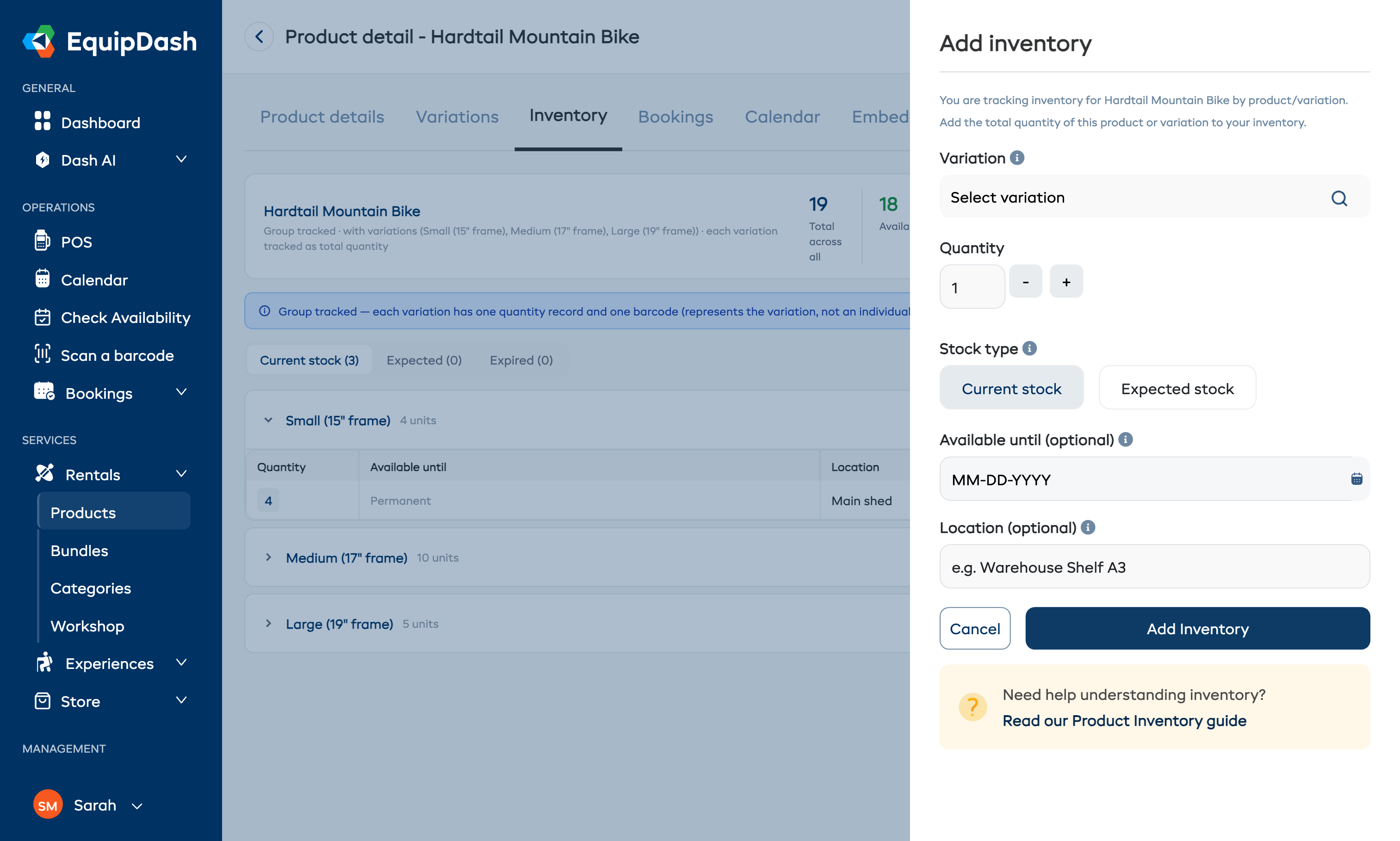 The Add inventory panel for a group-tracked product, showing variation, quantity, stock type, available until, and location fields.