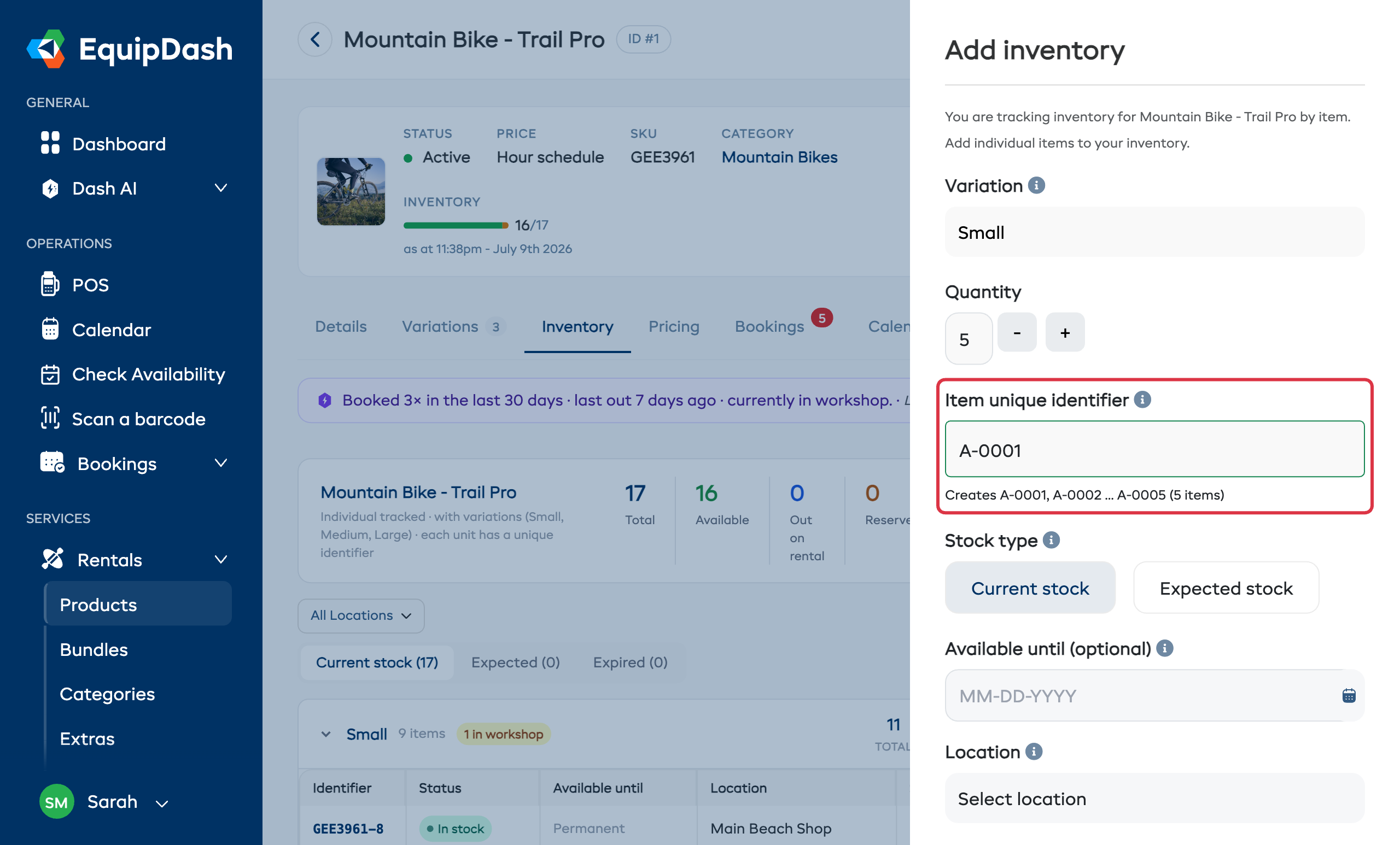 The Add inventory panel for an item-tracked product, showing the item identifier field with a live preview of the codes that will be created, quantity, stock type, available until, location, and barcode toggle.