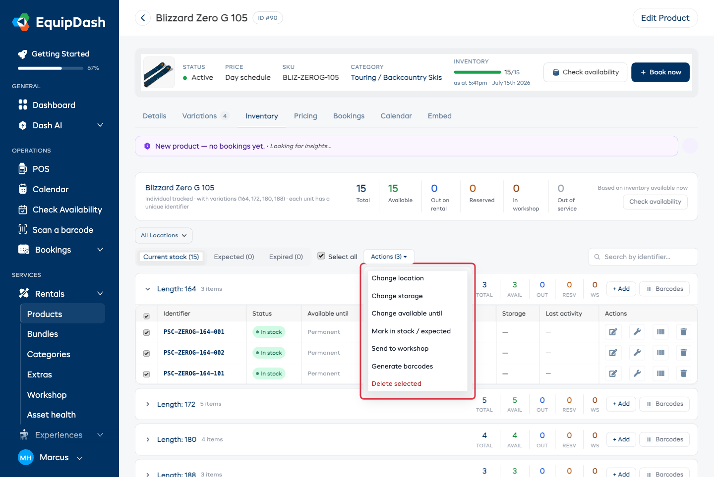 The Inventory tab with three items selected and the Actions menu open, showing the bulk actions available for the selected items.