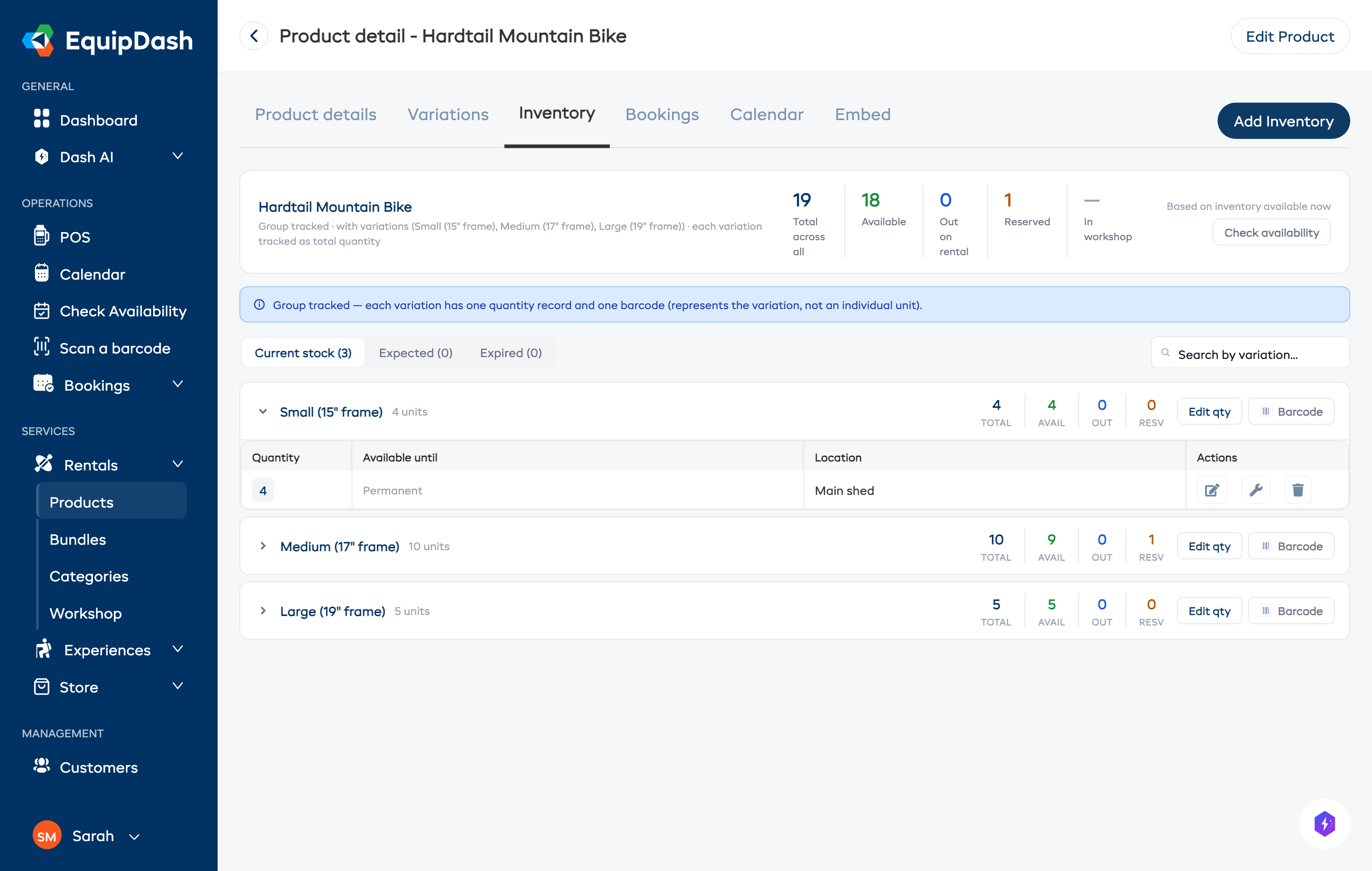 The Inventory tab for a group-tracked product, showing stock count cards per variation and the inventory table below.