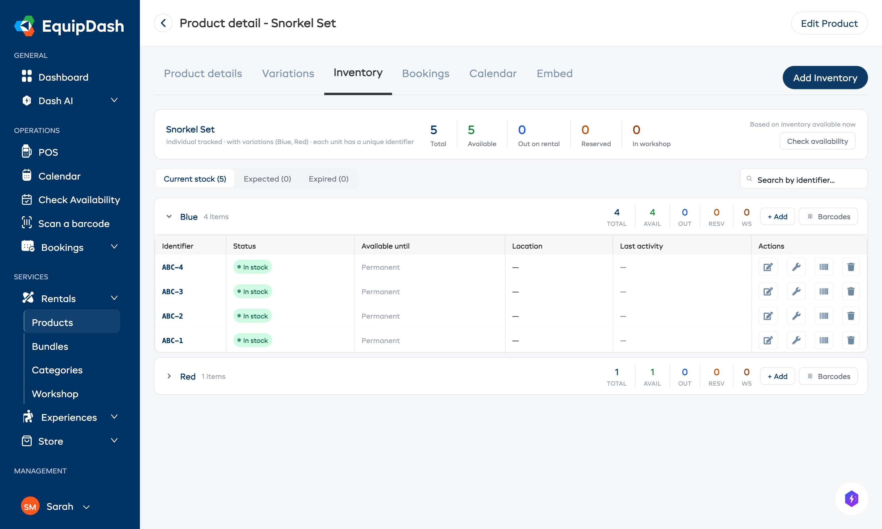 The Inventory tab for an item-tracked product, showing individual items with identifiers, variations, statuses, and actions.