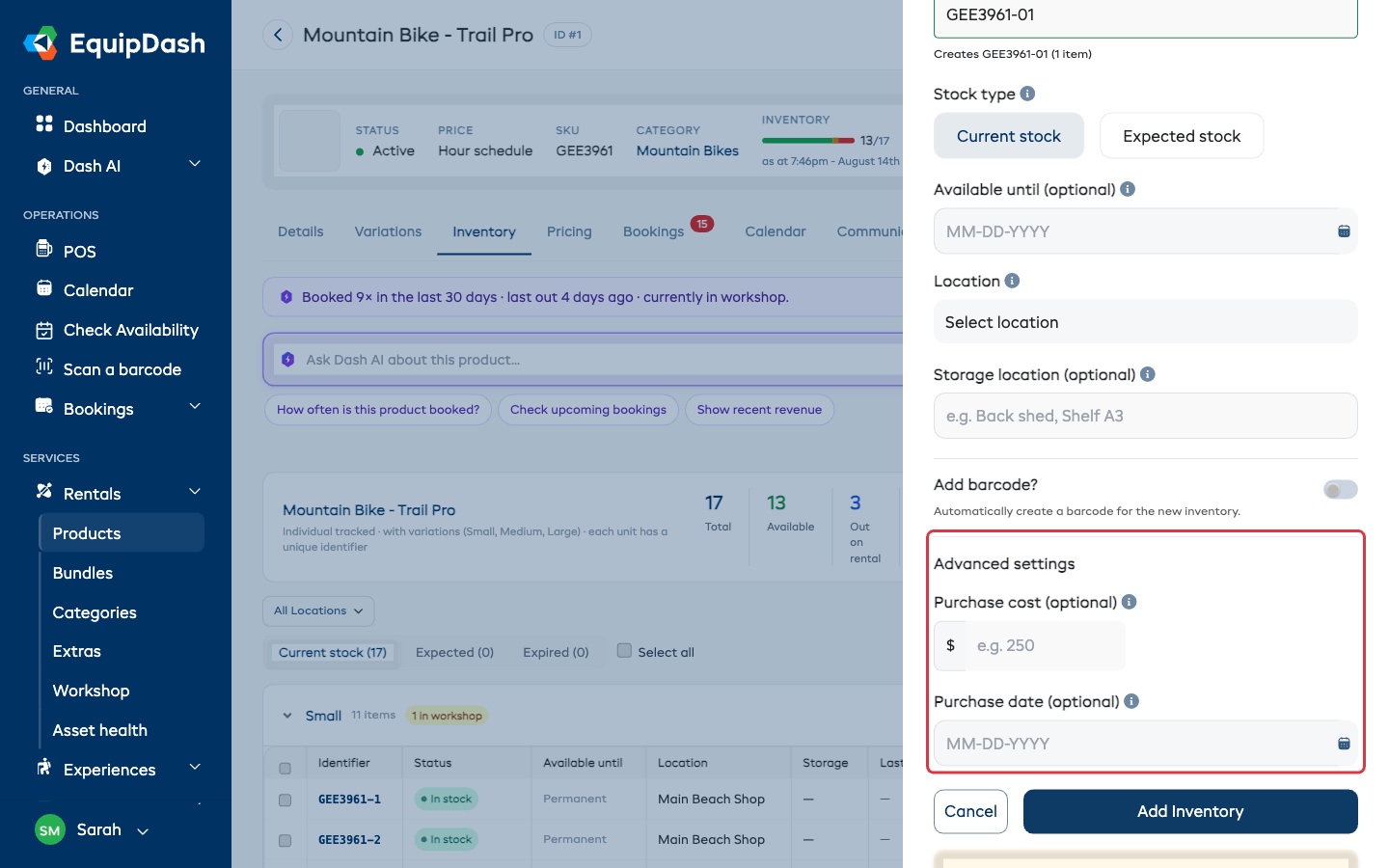 The Add inventory panel scrolled to the bottom, with the Advanced settings section open and the Purchase cost and Purchase date fields highlighted