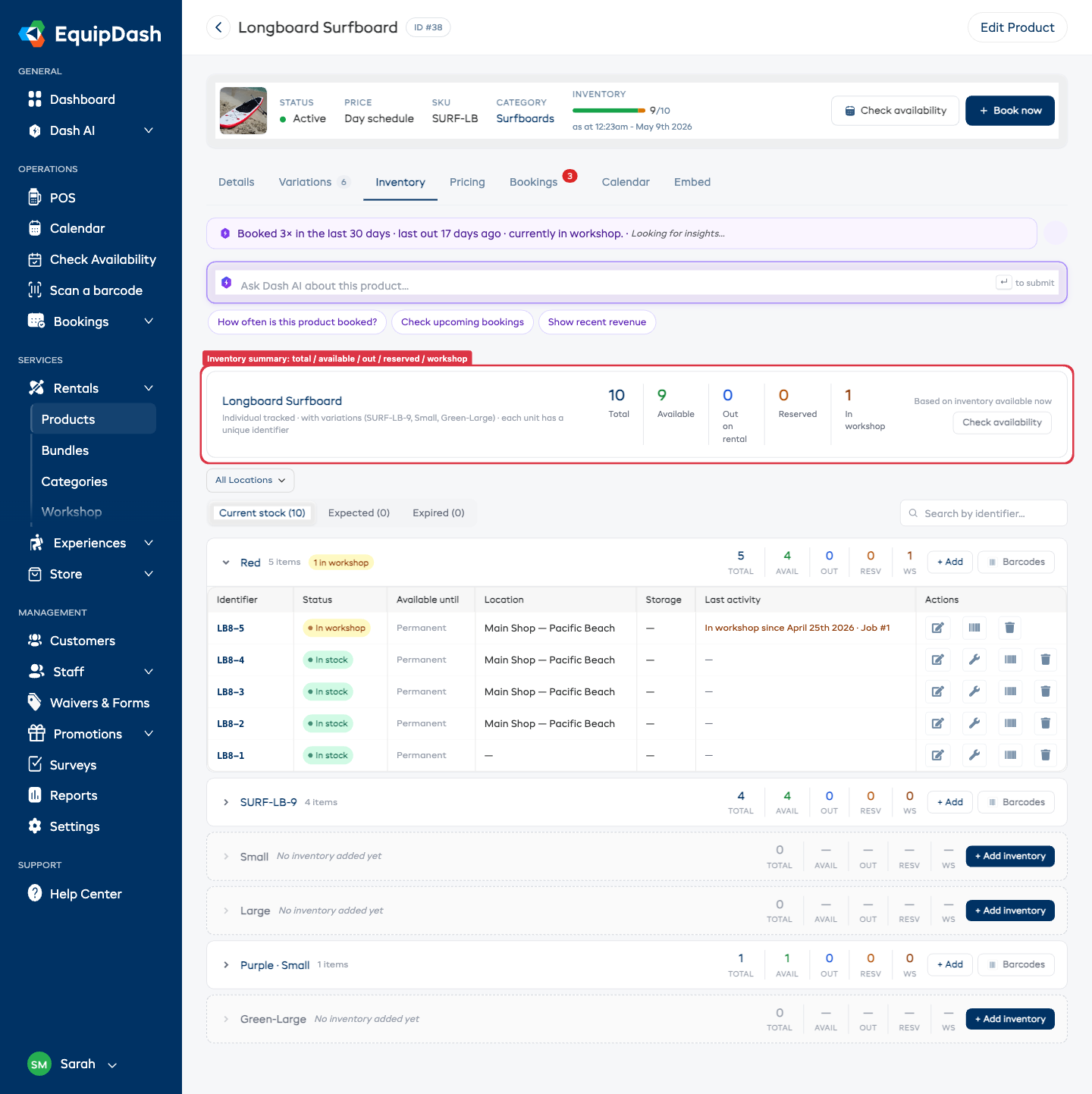 The Inventory tab on a product detail page, with the inventory summary card highlighted, the location filter, current / expected / expired sub-tabs, the per-variation inventory rows, and the inline + Add buttons on each variation row.