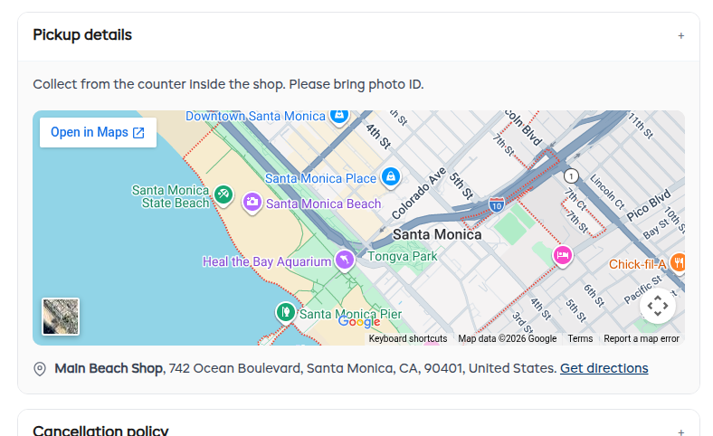 The Pickup details section on the booking page, showing the notes, a map, the address and a Get directions link.
