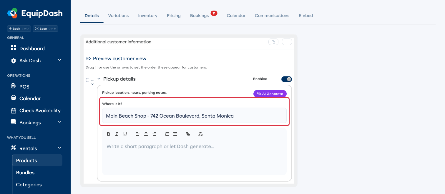 The Additional customer information card with Pickup details open, showing the Where is it? dropdown set to a saved location.