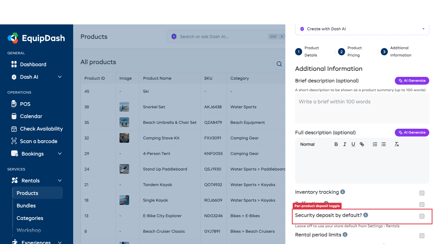 The Add Product modal Step 3 showing the Security deposit by default toggle with helper text about the supplier default