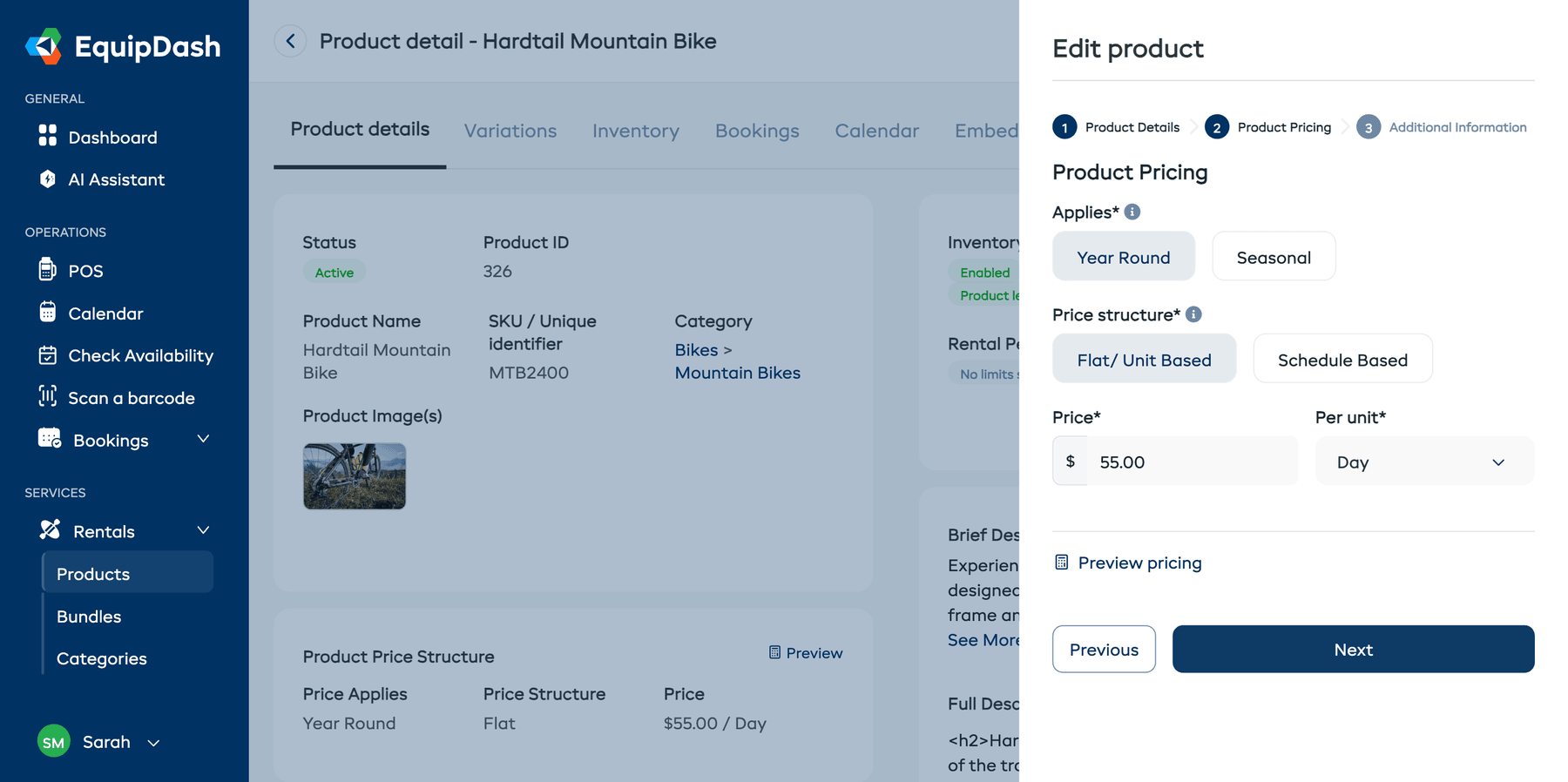 Flat pricing selected with price input and Per unit dropdown.