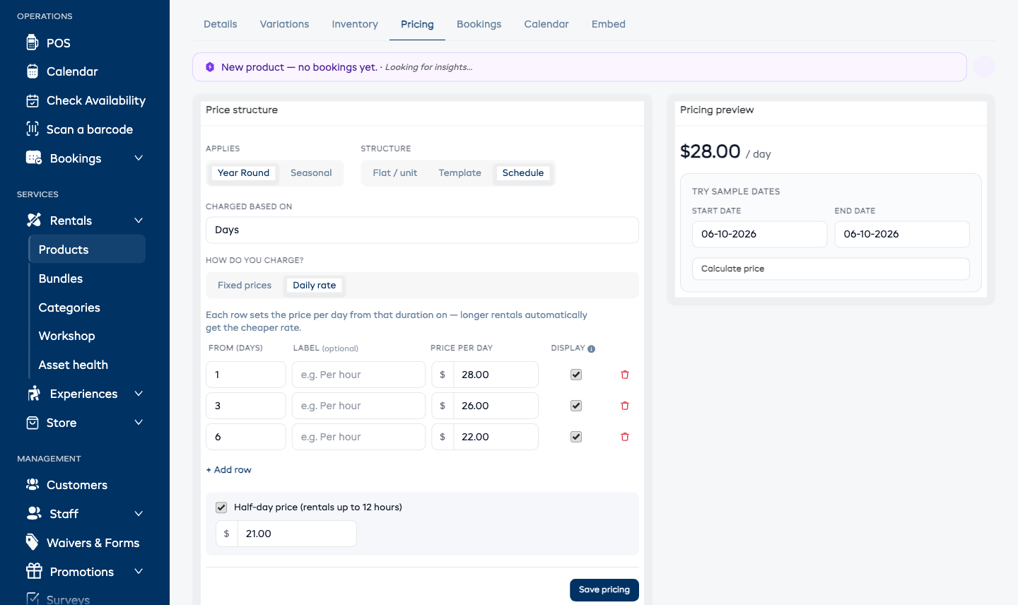The Pricing tab on a product detail page, with the inline price structure form on the left (Applies / Structure toggles, Charged based on dropdown, schedule tier rows each with Hours, an optional Label, Price, and Display columns, Add row, Save pricing button) and the Pricing preview pane on the right.