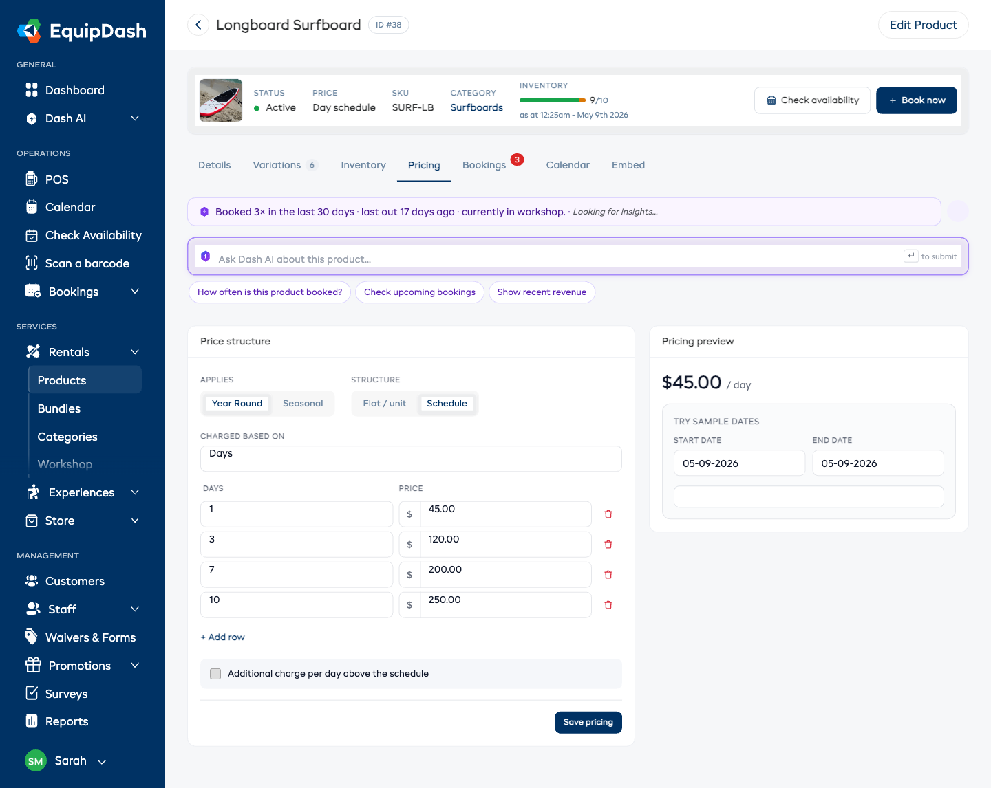 The Pricing tab on a product detail page, with the inline price structure form on the left (Applies / Structure toggles, Charged based on dropdown, tier rows for 1, 3, 7, 10 days, Add row, Save pricing button) and the Pricing preview pane on the right.