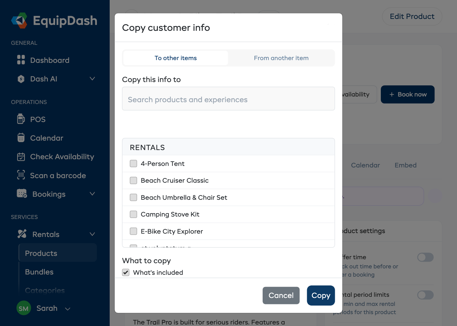 The Copy Additional customer information window, showing the To other items / From another item choice, the list of products and experiences to copy to, and the What to copy section.