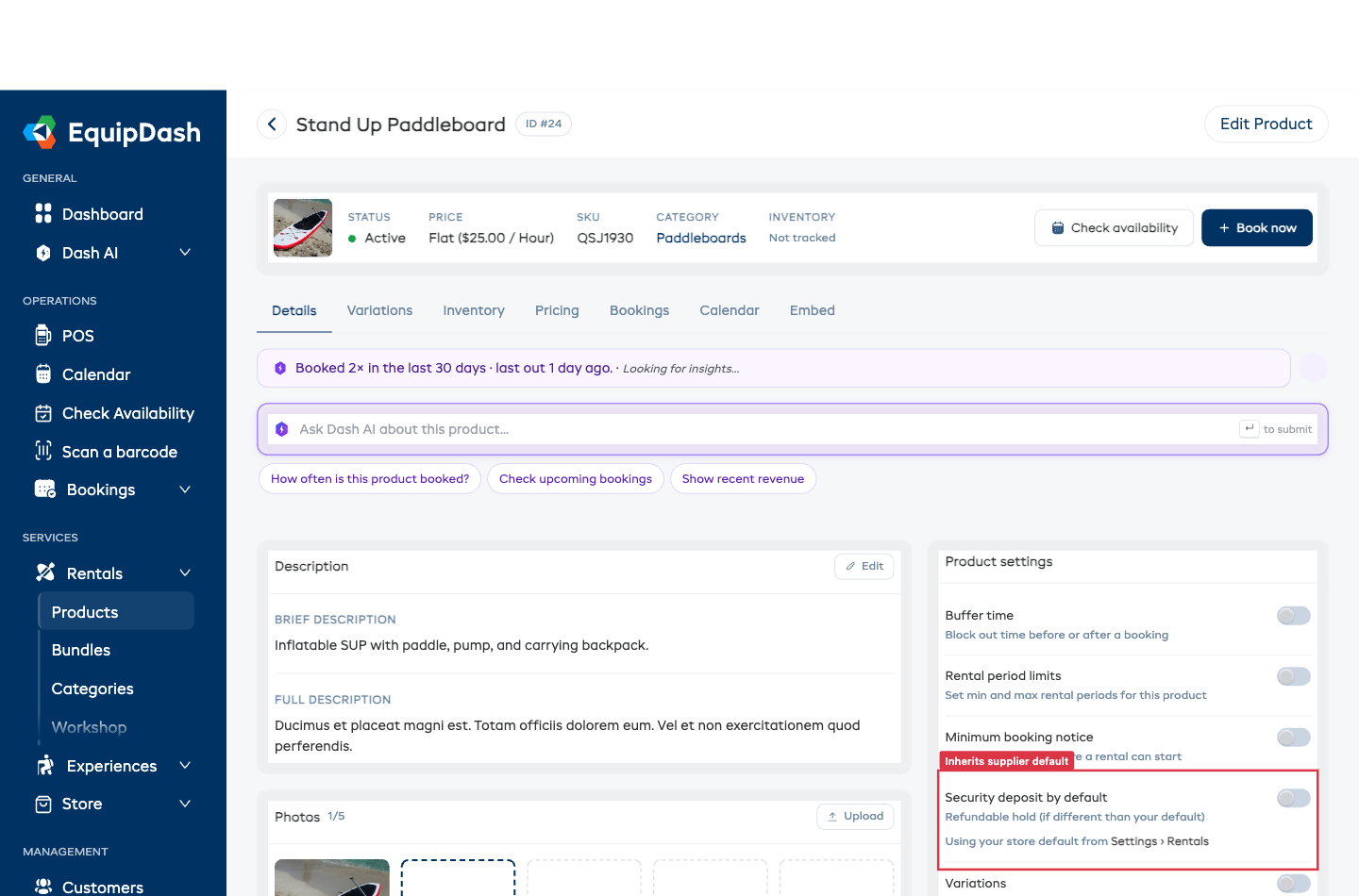 The Product settings card on a rental product detail page showing the Security deposit by default row in the inherit state